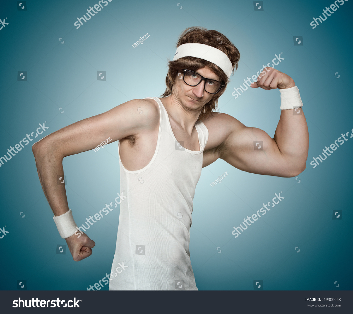 Funny Retro Nerd With One Huge Arm Flexing His Muscle Over Blue ...