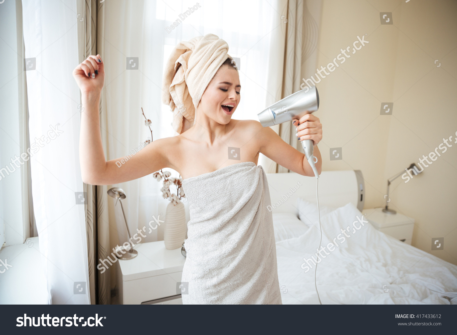  Light Gray Classic  Template Design Featuring Funny Woman Singing in Hairdryer