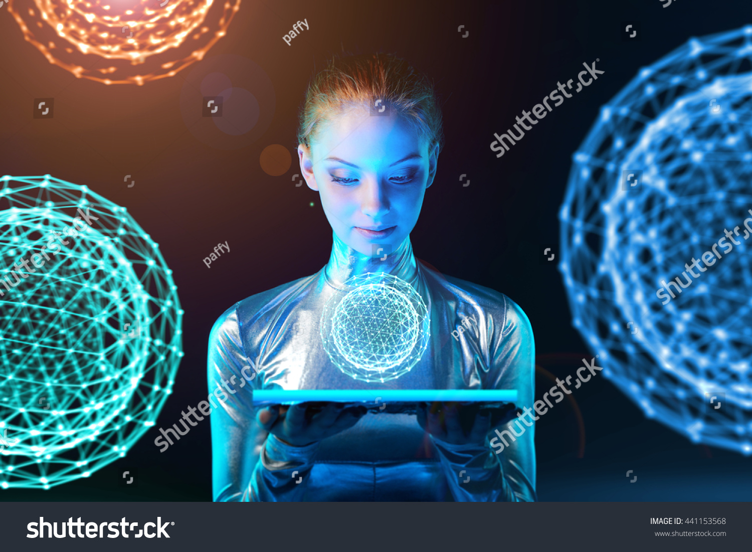 Futuristic Cyber Young Woman Silver Clothing Stock Photo 441153568 ...