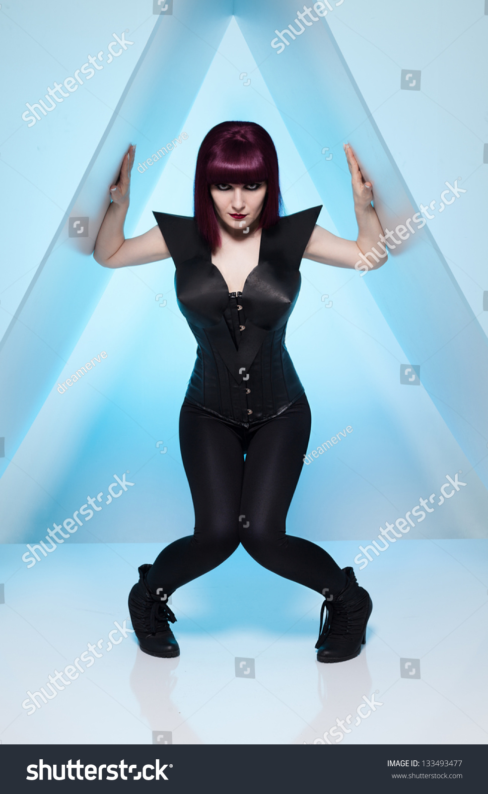 Futuristic Model Purple Hair Posing Looking People Beauty