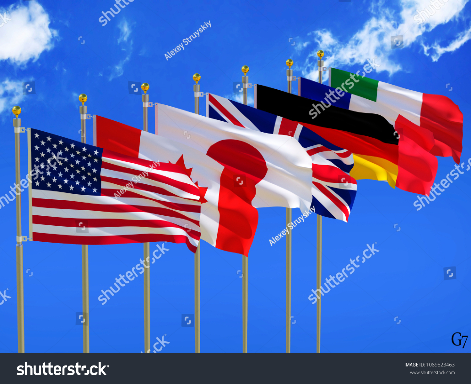 明るい青の空の背景に旗竿と白い雲の3dイラストを持つ英国7カナダの国の国旗をなびくシルク国旗 ドイツのイタリア 日本のフランス 英国 のイラスト素材