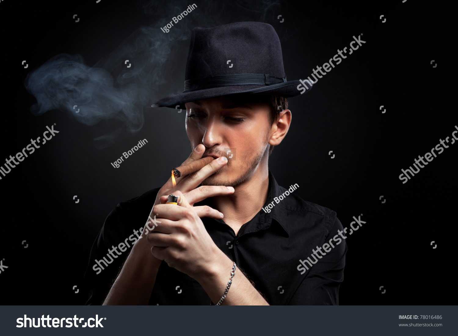 Gangster Look. Handsome Man With Hat And Cigar. Stock Photo 78016486 ...