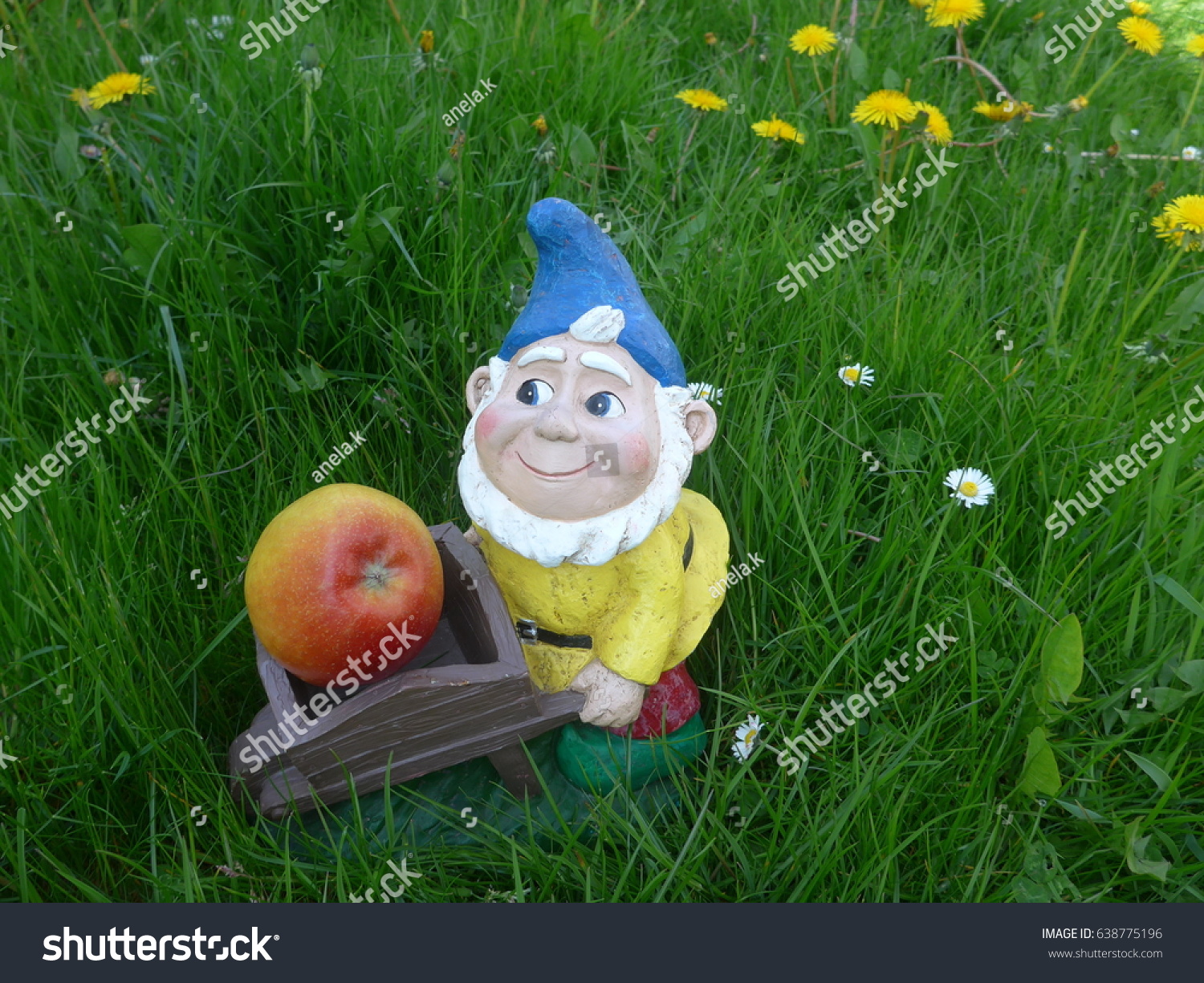 Download Garden Gnome Wheelbarrow Apple On Green Stock Photo Edit Now 638775196