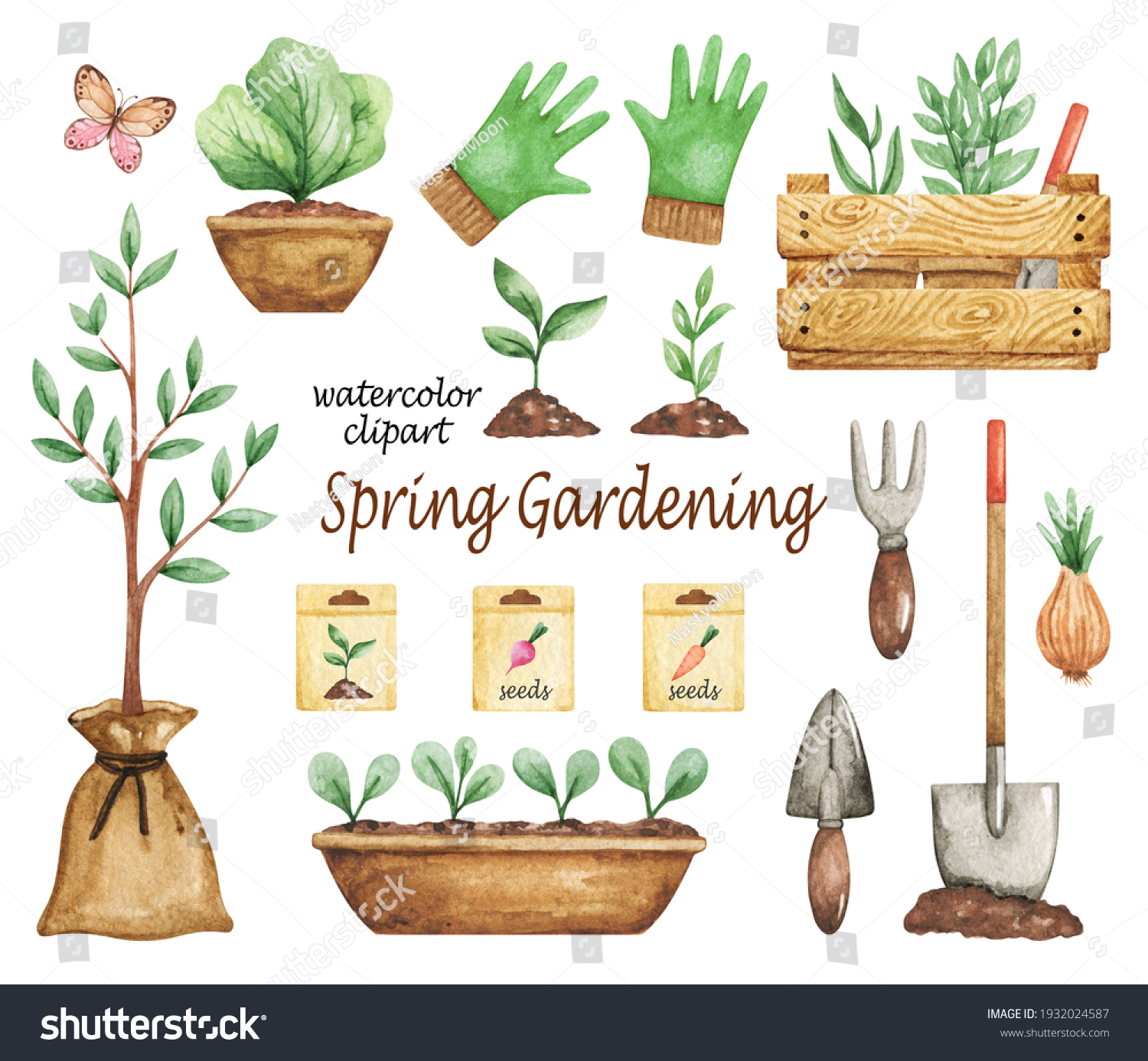 Garden Tools Clipart Watercolor Gardening Time Stock Illustration ...