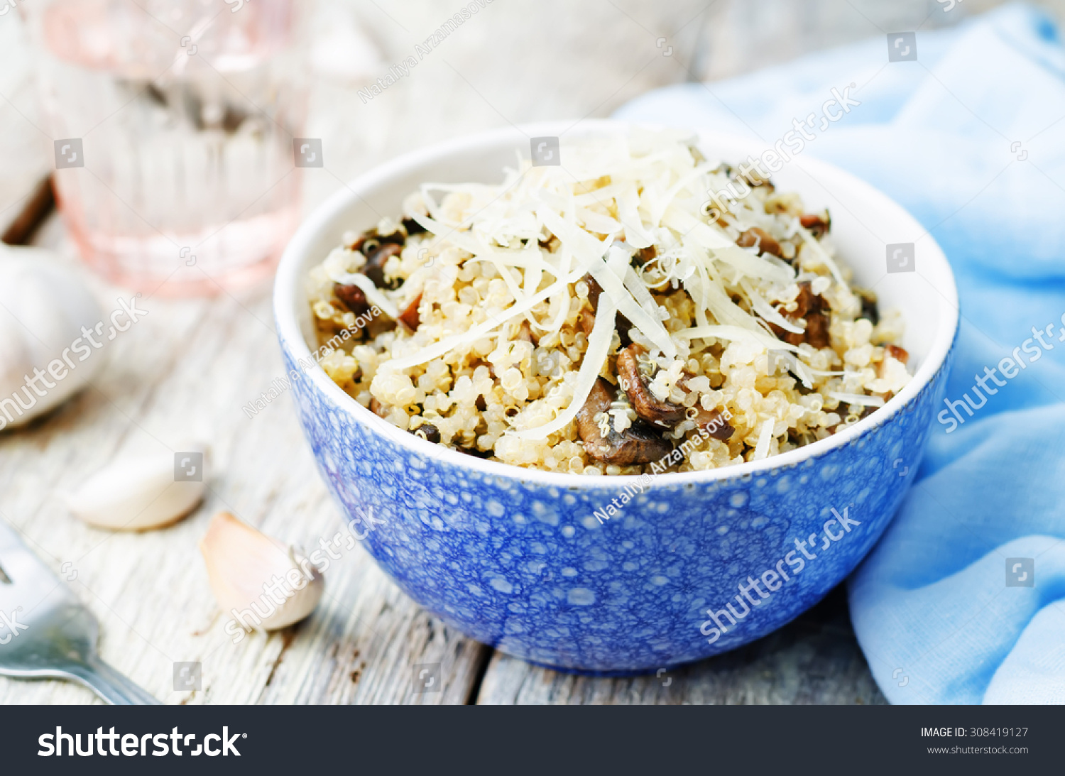 Garlic Mushroom Quinoa On White Wood Stock Photo Edit Now 308419127