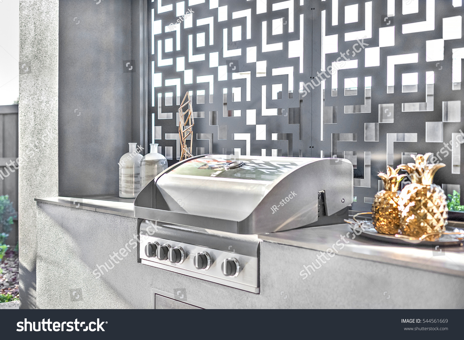 11 931 Outdoor Kitchen Counter Images Stock Photos Vectors   Stock Photo Gas Grill Cabinet Closeup Of A Modern Patio Outdoors On The Counter Top Beside An Art Window There 544561669 