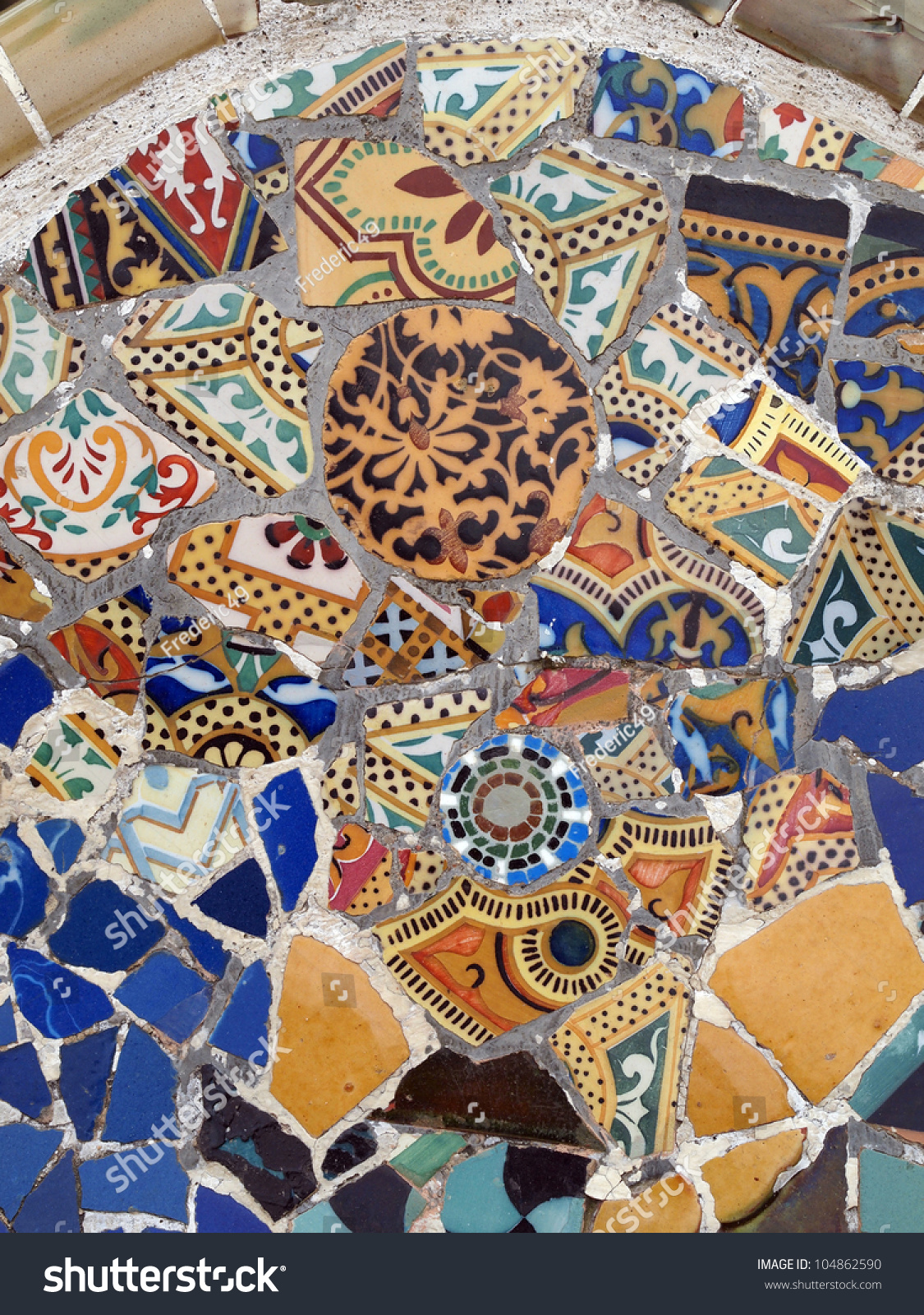 Gaudi Mosaic Tiles - Barcelona, Spain, Park Guell Stock Photo 104862590