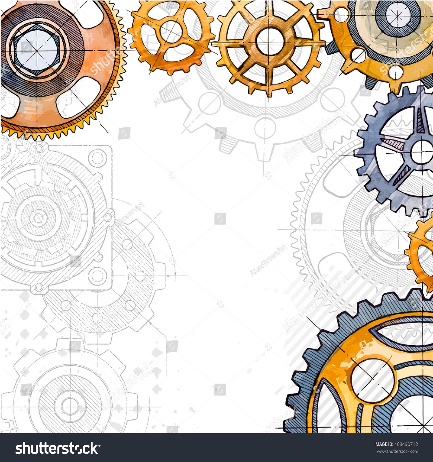 歯車 設計図の下 水彩イラスト のイラスト素材