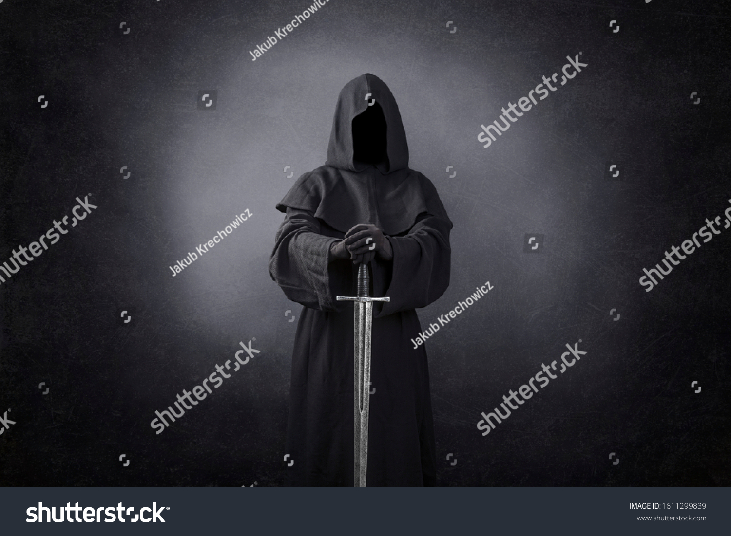 1 549 Monk Sword Images Stock Photos Vectors Shutterstock   Stock Photo Ghostly Figure With Medieval Sword In The Dark 1611299839 