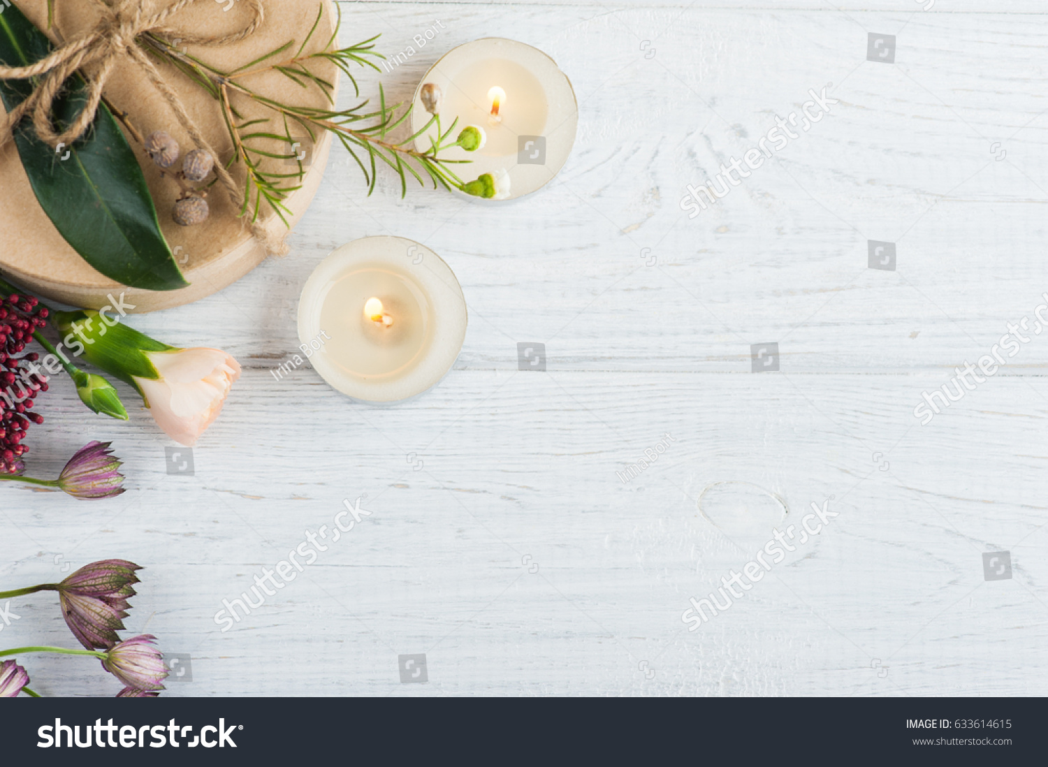 Gifts Flowers On Wooden Background Top Stock Photo Edit Now 633614615