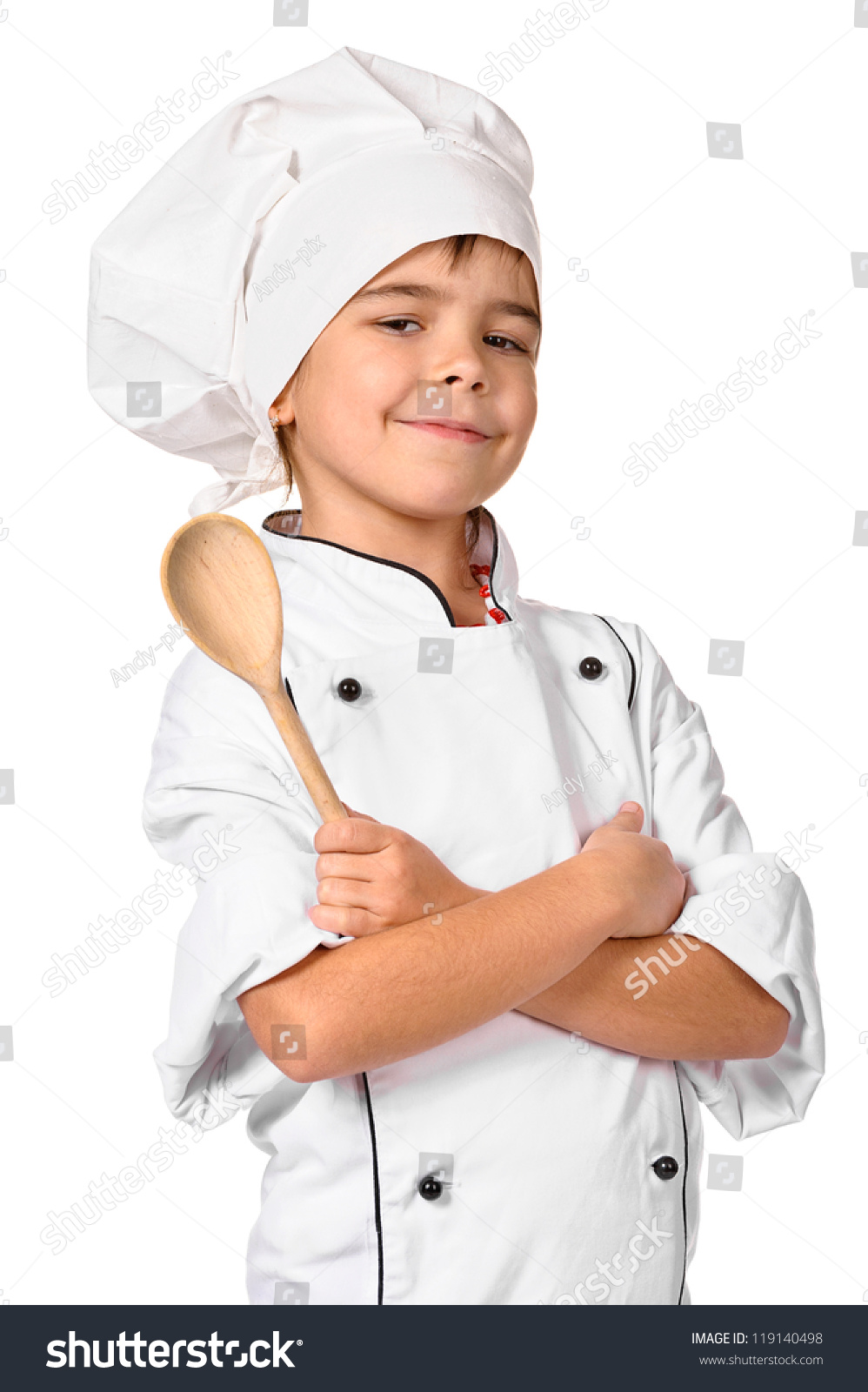 Girl Chef With Wooden Spoon Isolated On White Background Stock Photo ...