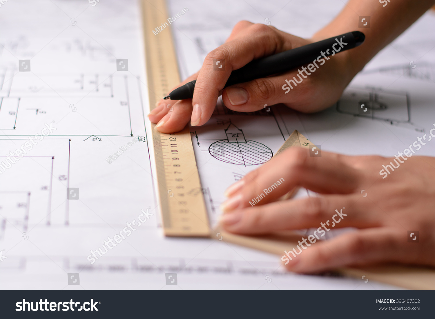 girl draws plan graph design geometric stock photo