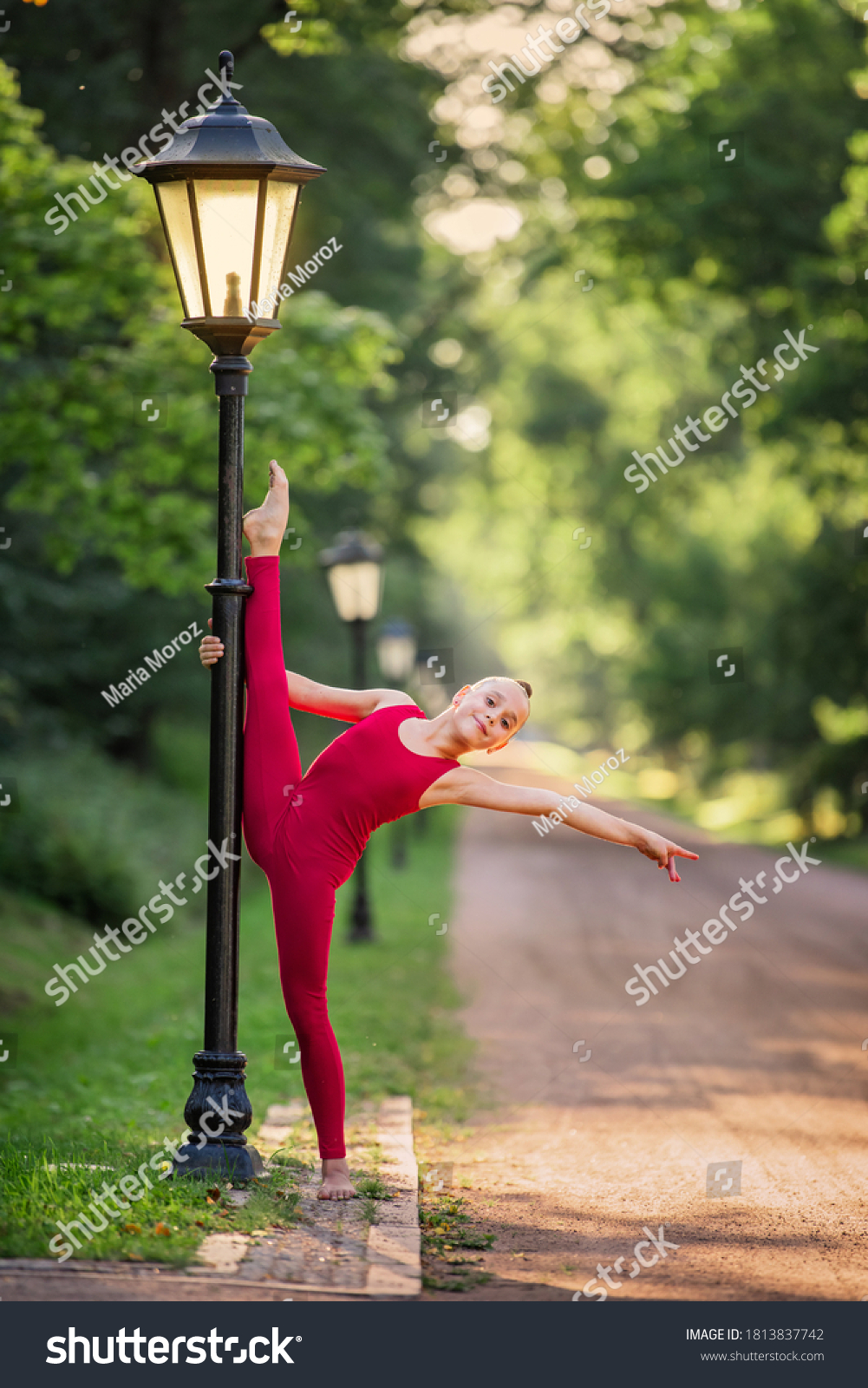 Girl Gymnast Bright Red Overalls Doing Stock Photo 1813837742 ...