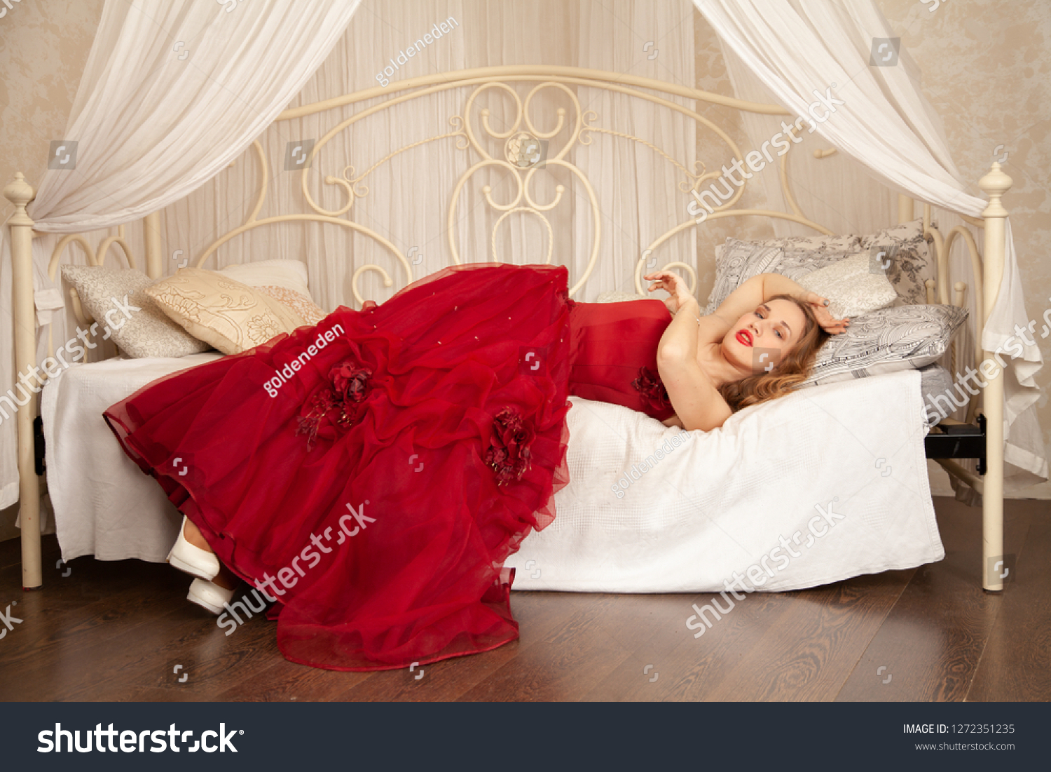 Girl Red Long Evening Dress White Stock Photo Edit Now