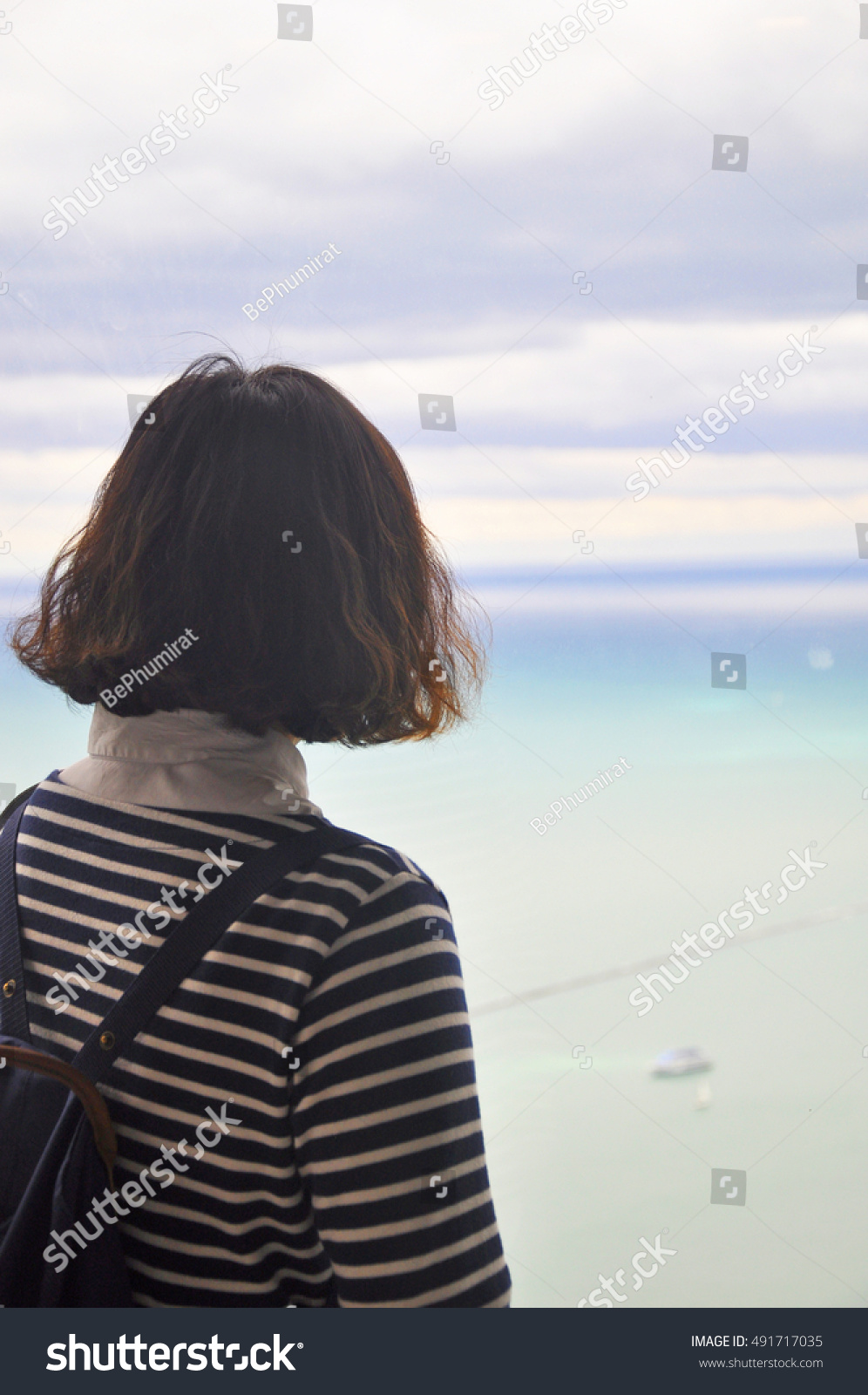 Girl Stripe Shirt Staring Sea Back Stock Photo Edit Now