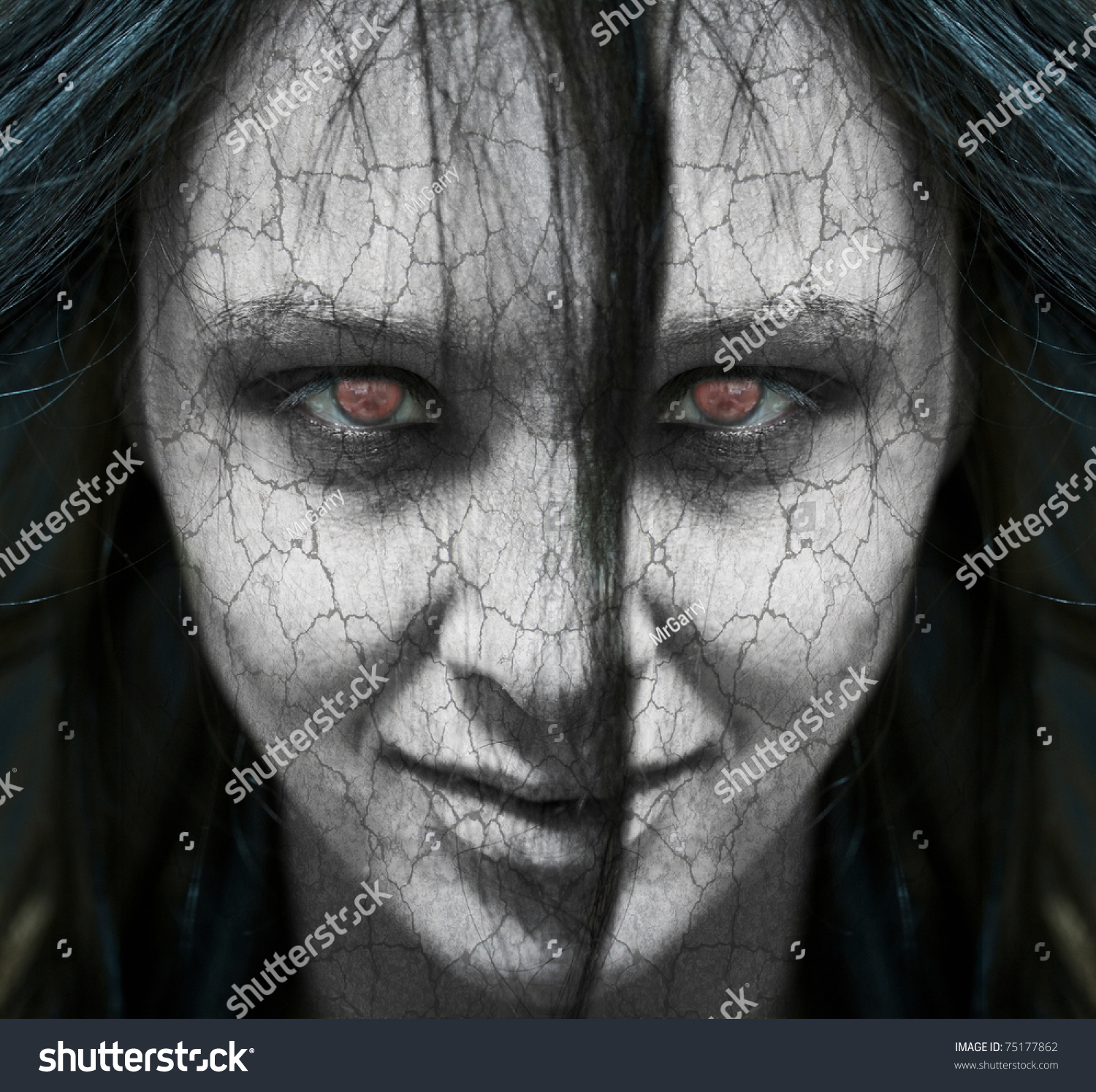 Girl Possessed By The Devil Looks At You Out Of Darkness Stock Photo ...