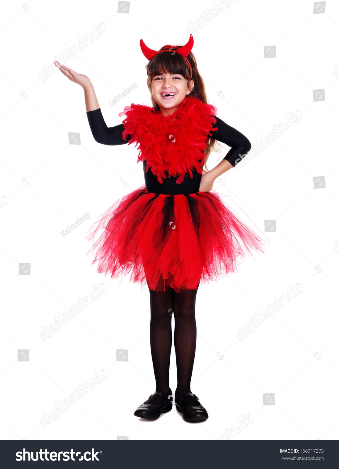 Girl Wearing Halloween Devil Fancy Dress Making Presenting Gesture ...