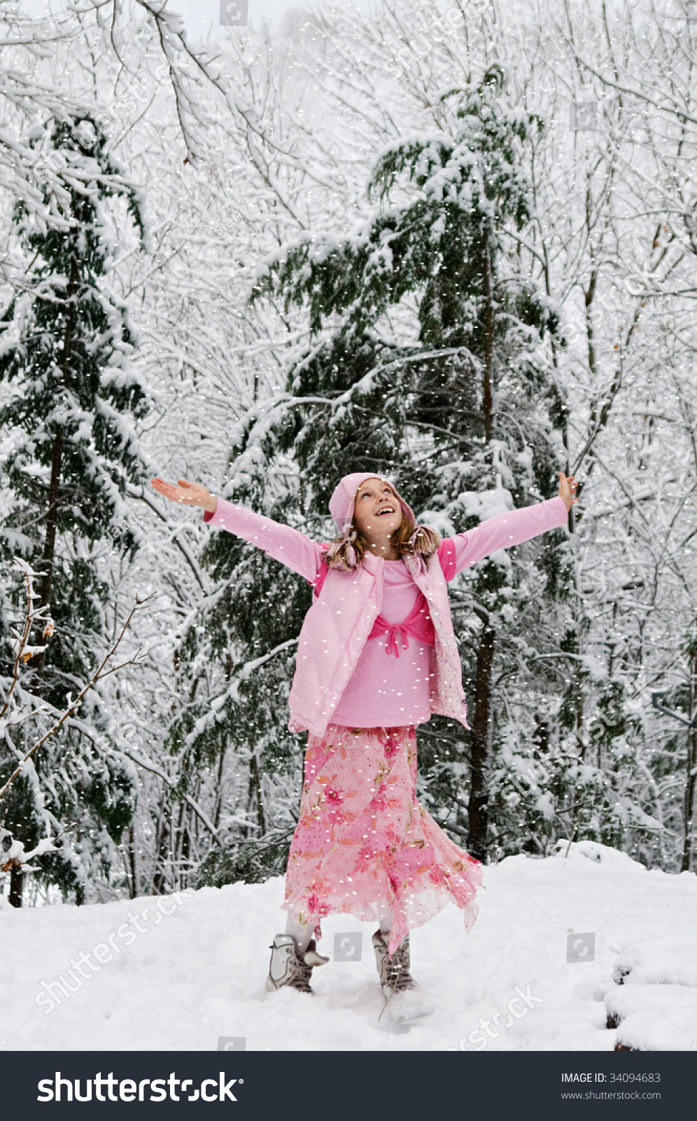 Girl Wearing Pink Dancing In The Snow Stock Photo 34094683 : Shutterstock