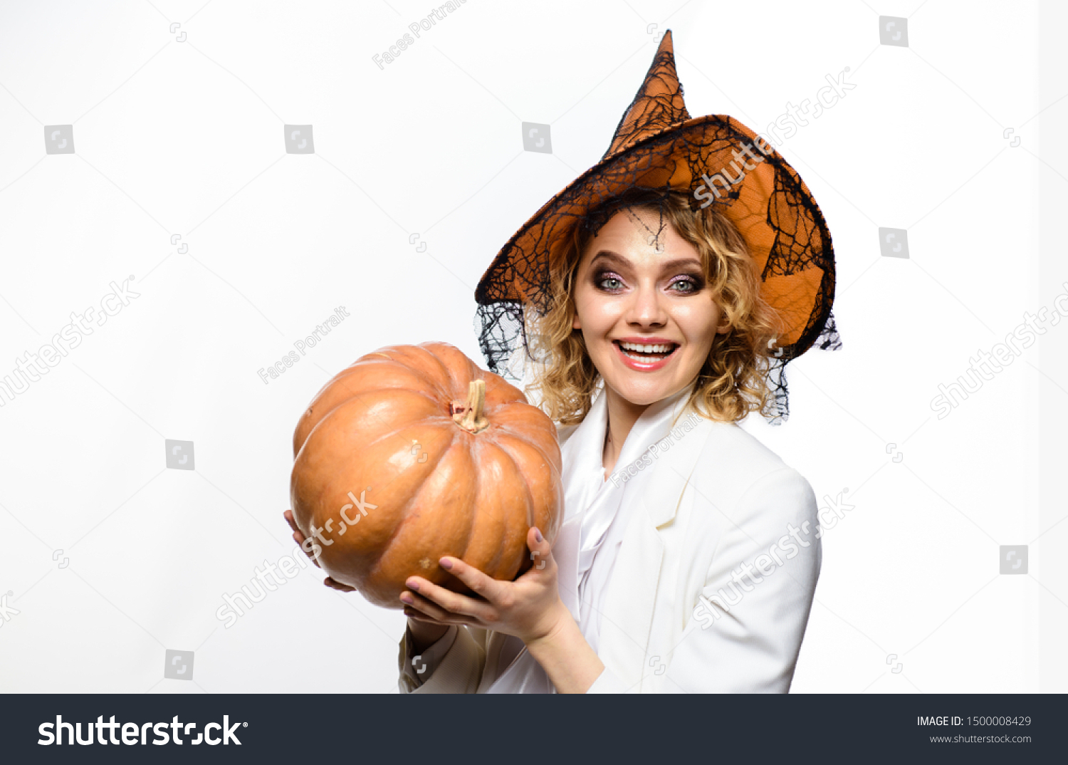 Girl Witch Pumpkin Happy Halloween Quotes Stock Photo Edit Now 1500008429