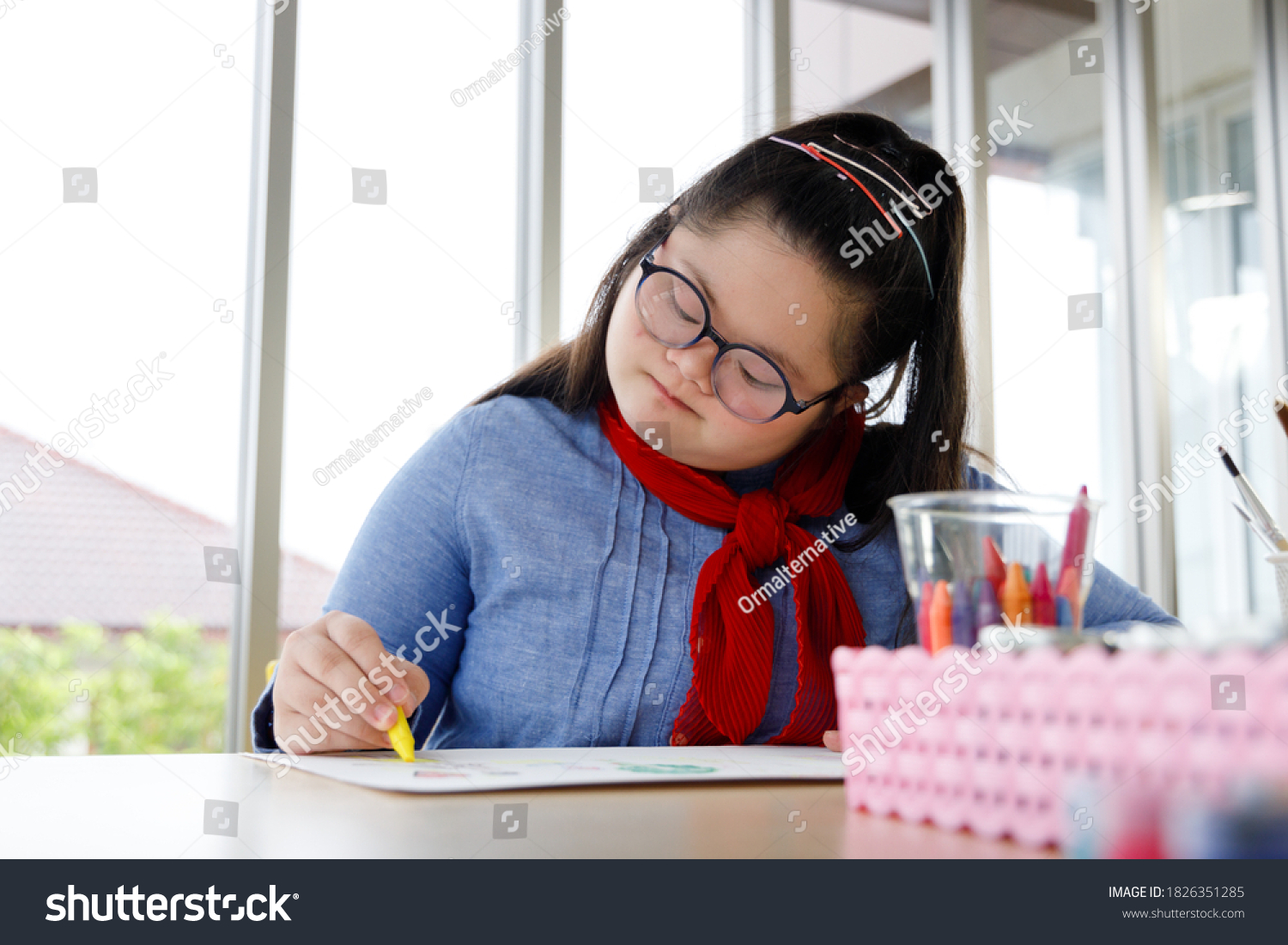 Girl Downs Syndrome Drawing Picture Crayon Stock Photo 1826351285