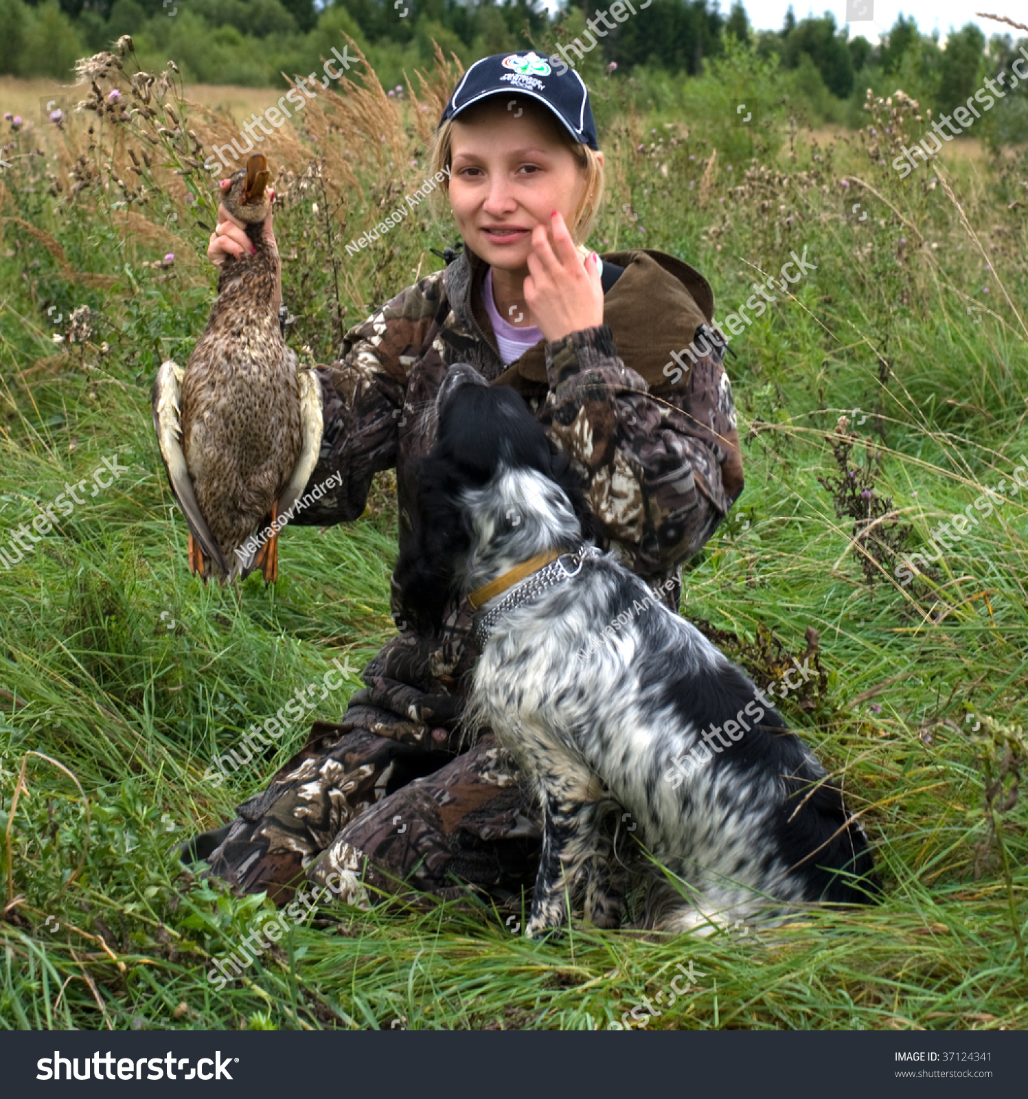Girl Duck Hunting Dog Sitting Field 