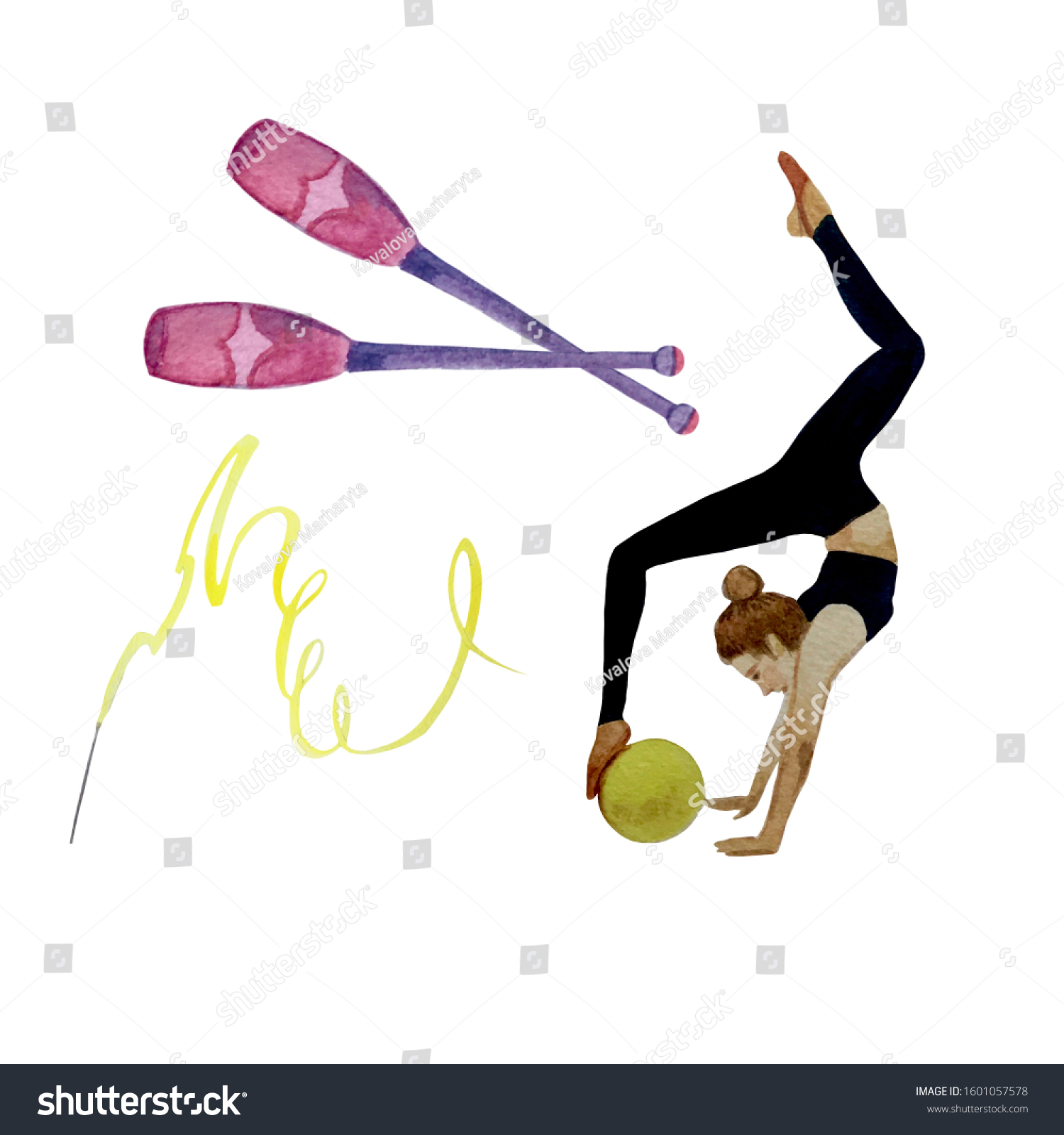 Girls Gymnasts Circus Acrobats Set Watercolor Stock Illustration