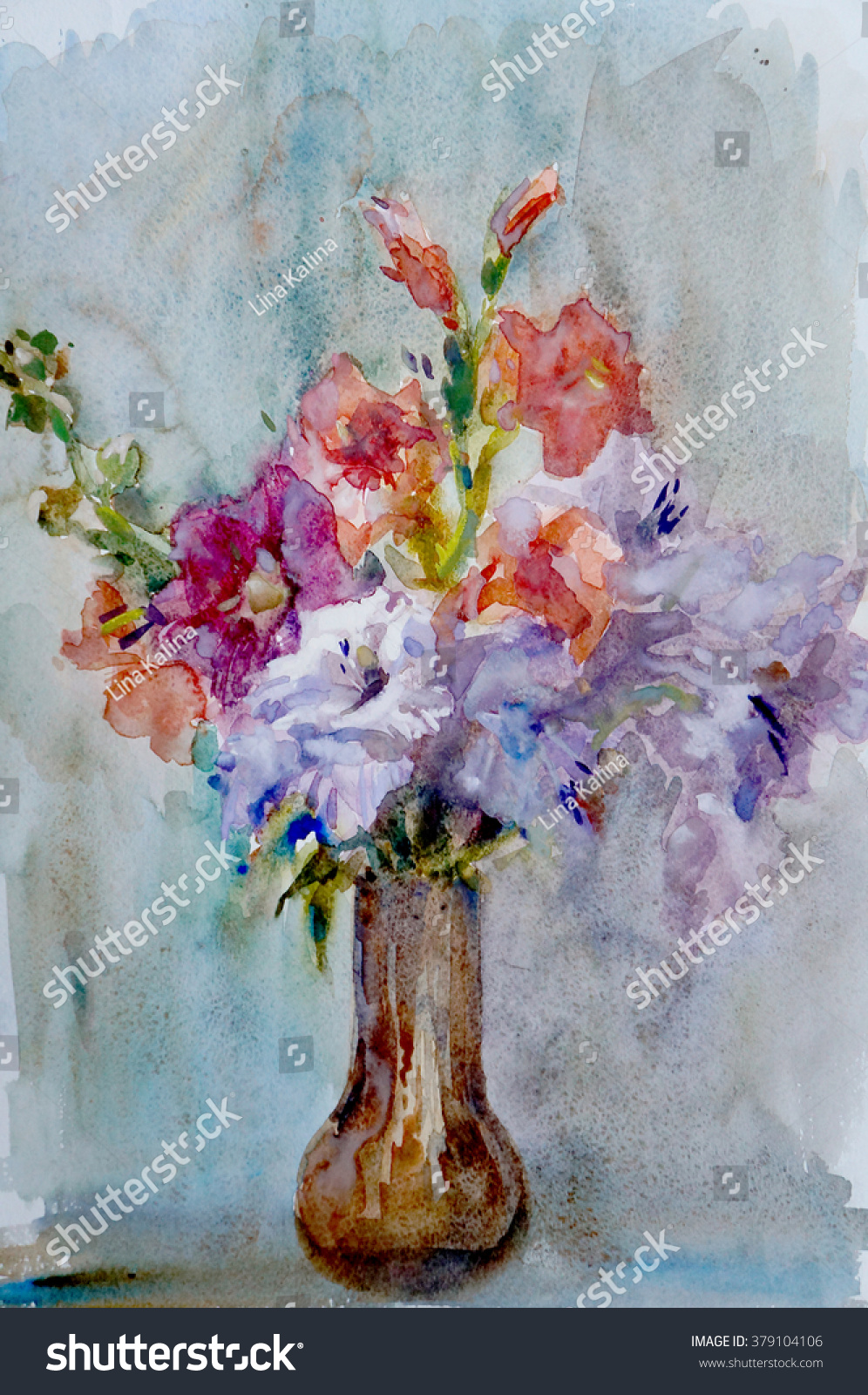 Gladiolus Flowers Vase Watercolor Painting Stock Illustration