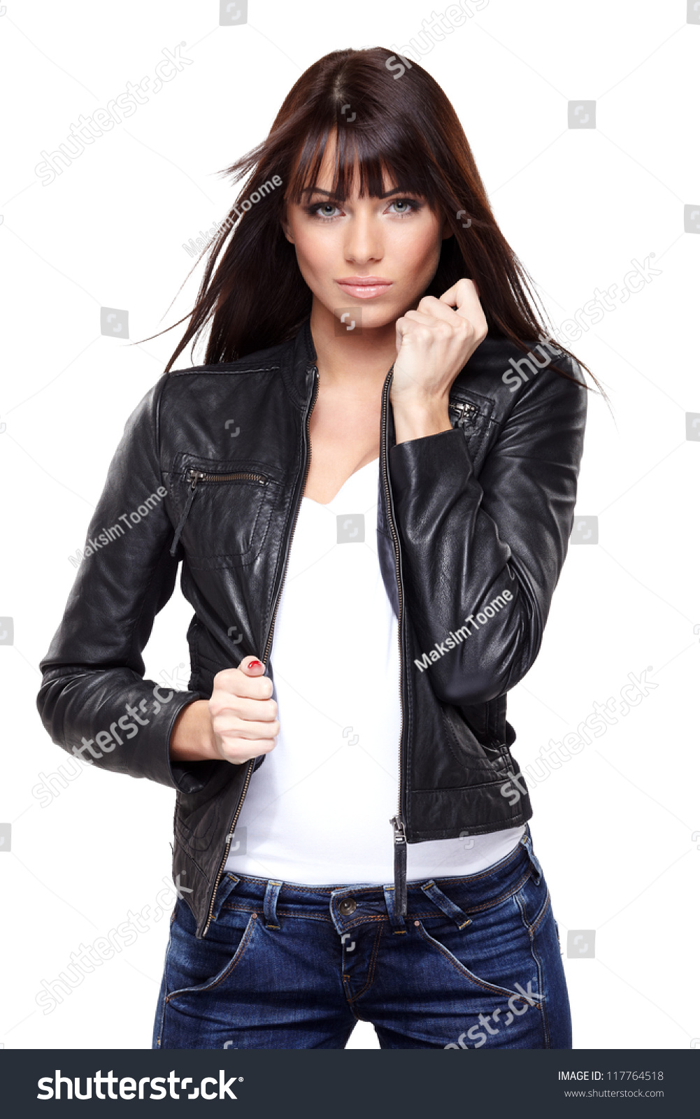 Glamorous Young Woman Black Leather Jacket Stock Photo 117764518