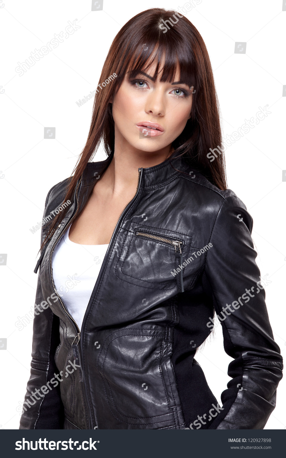 Glamorous Young Woman Black Leather Jacket Stock Photo 120927898 ...