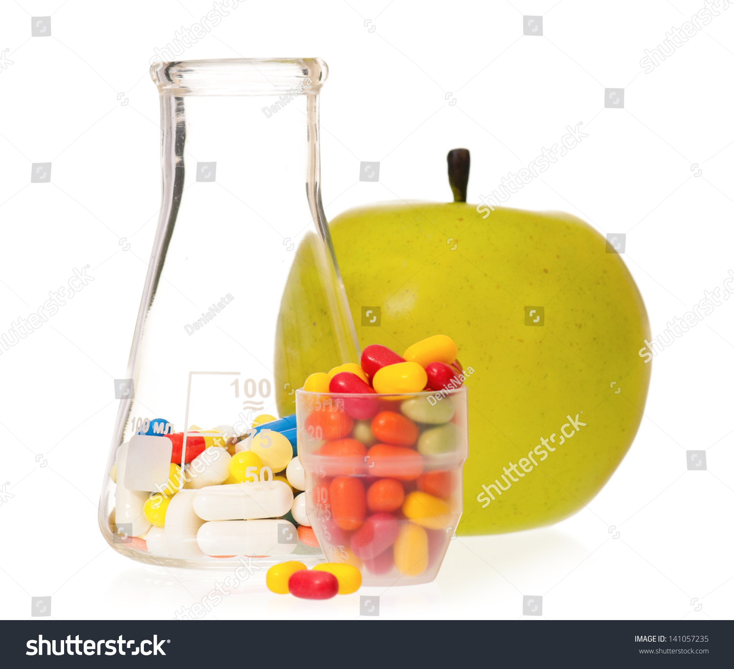 Blonde Resting Curve Template Design Featuring Glass Flask with Colorful Pills and Green Apple