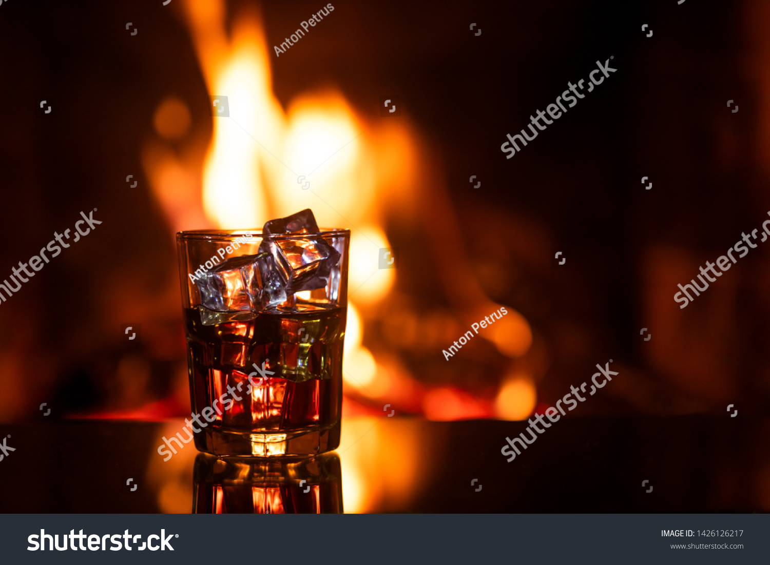 Glass Whiskey Ice Near Fireplace Stock Image Download Now