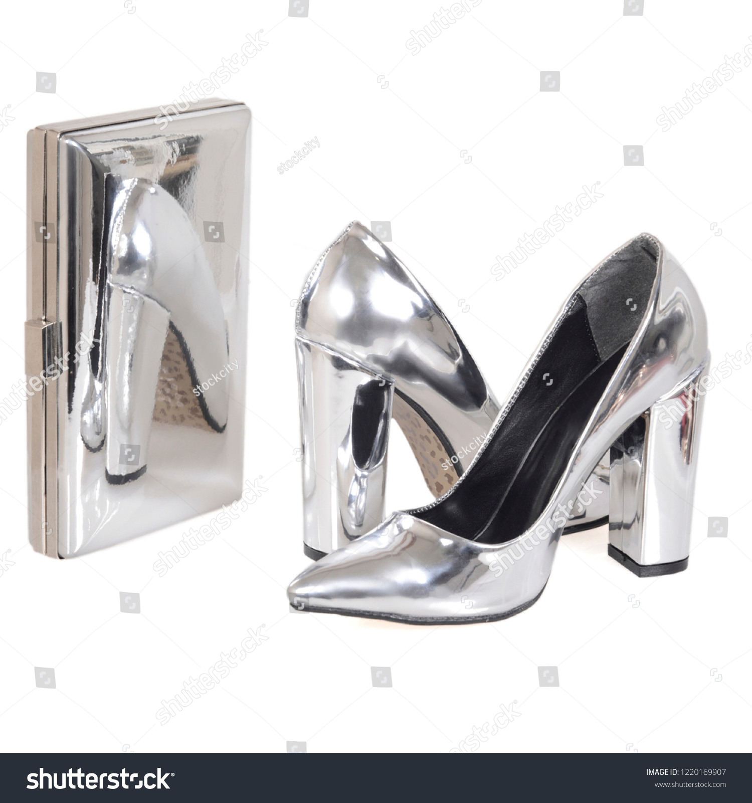 silver shoes and clutch bag