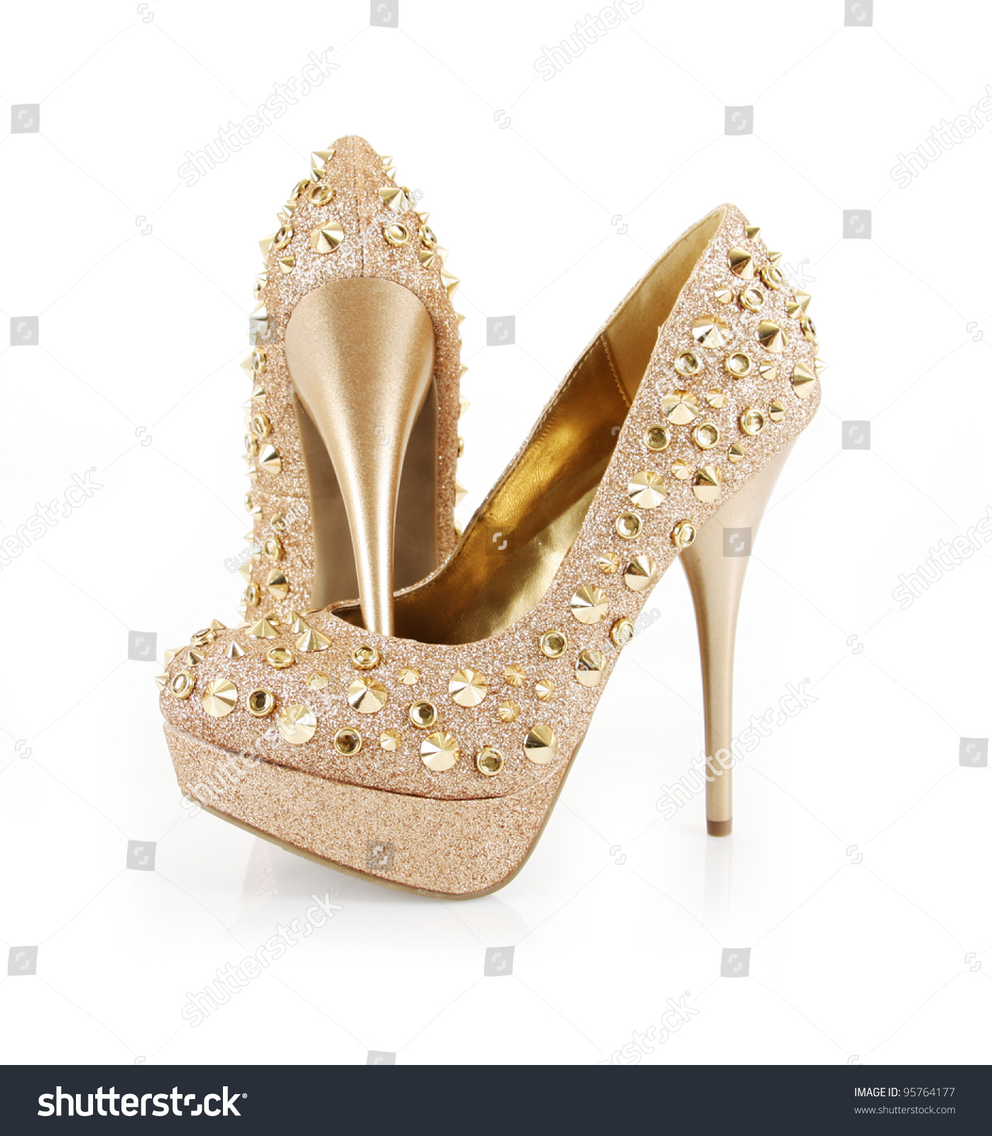 Glitter Spiked Gold Shoes Isolated On White Stock Photo 95764177 ...