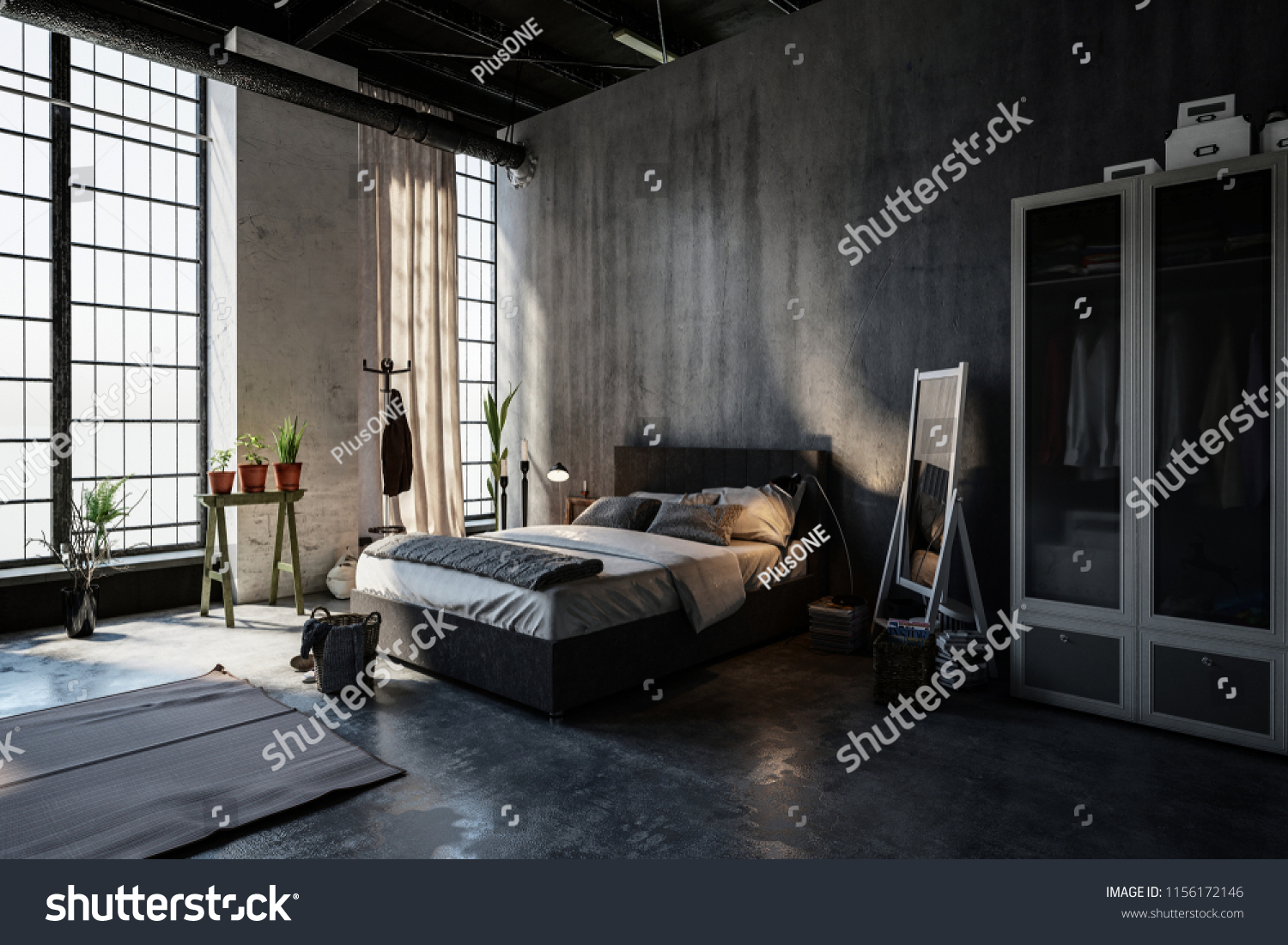 Gloomy Modern Spacious Attic Bedroom Interior Stock