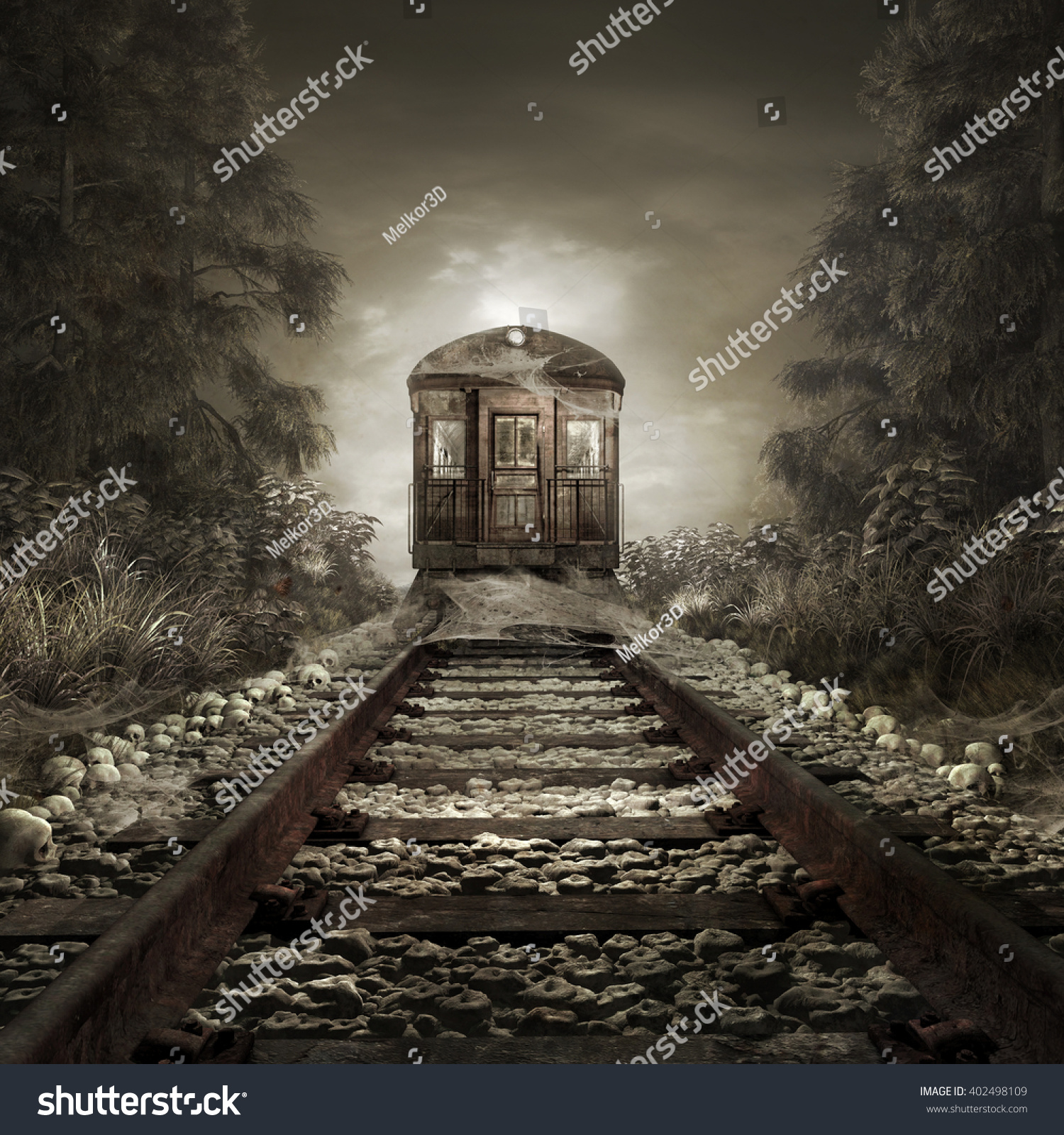 森や鉄道 古い列車の陰鬱な景色 3dイラスト のイラスト素材