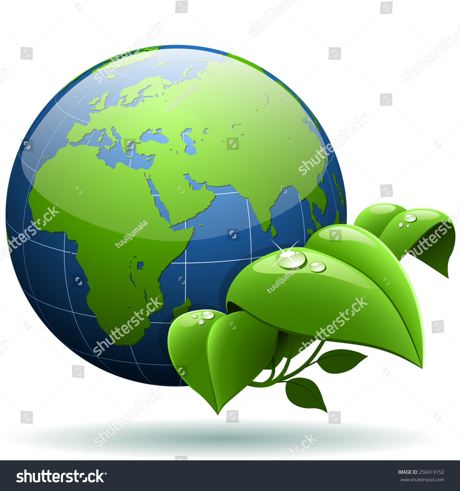 Glossy Earth Globe With Green Leaves Isolated On White Background ...