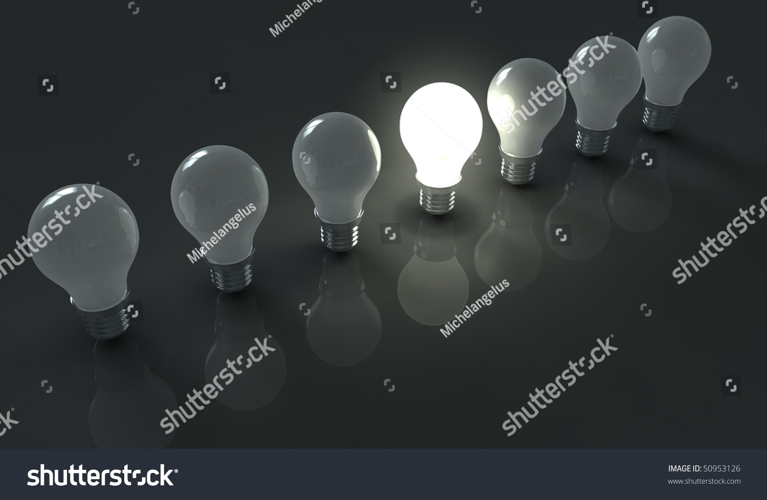 Glowing Light Bulb Between Turned Off Light Bulbs Stock Photo 50953126 ...