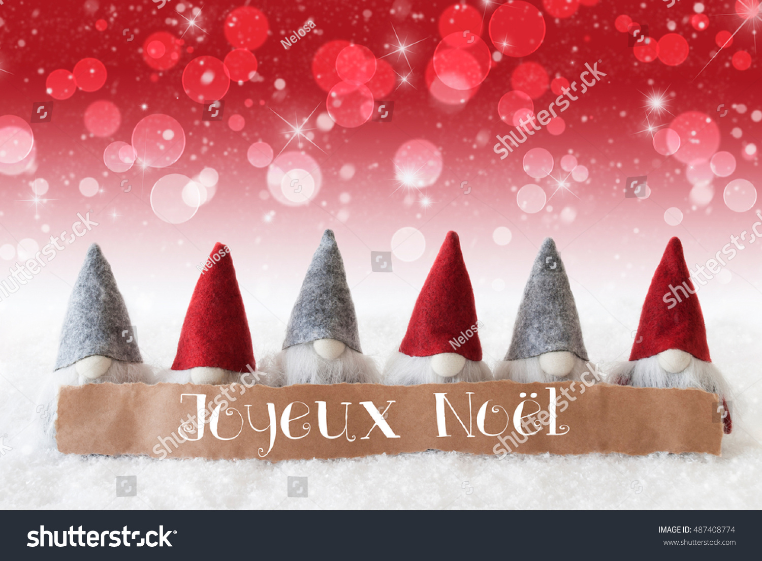 Gnomes, Red Background, Bokeh, Stars, Joyeux Noel Means Merry Christmas