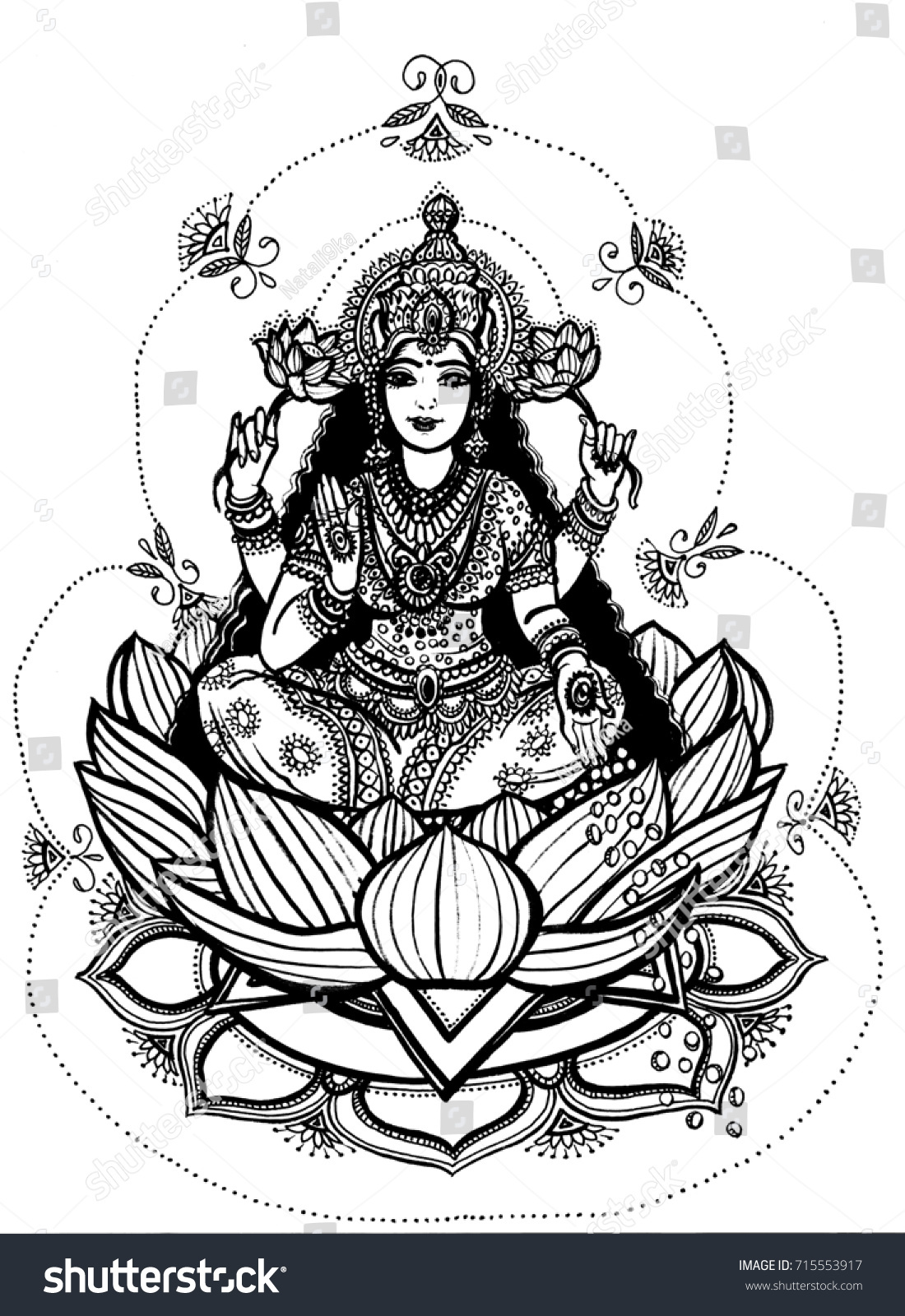 Goddess Lakshmi Drawing Ink Goddess Lakshmi ilustrações stock 715553917