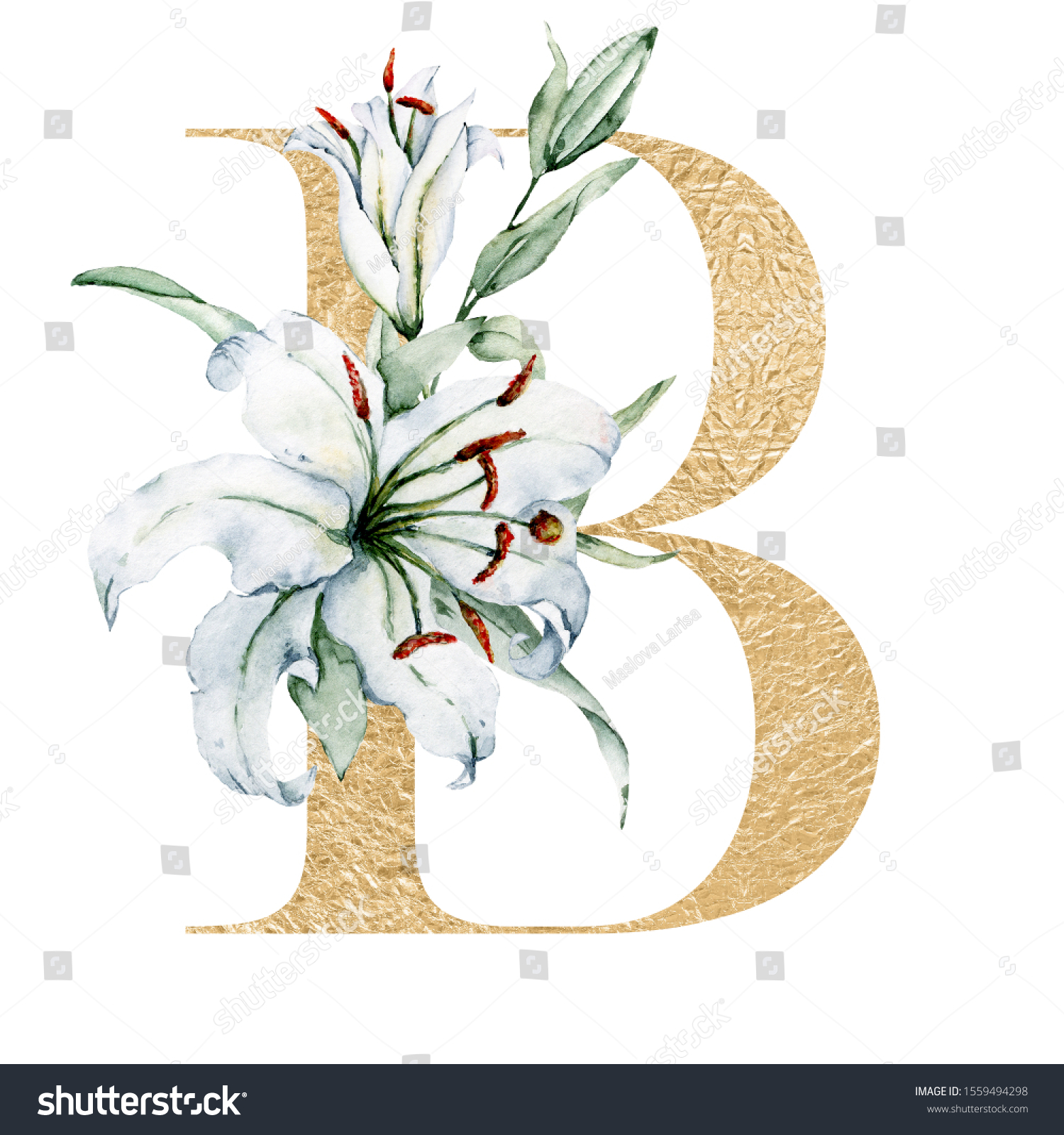 Gold Alphabet Letter B Watercolor Flowers Stock Illustration 1559494298