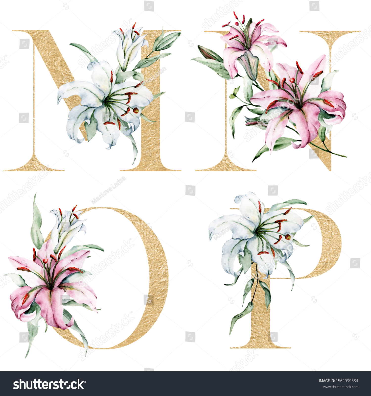 Gold Alphabet Set Letters Watercolor Flowers Stock Illustration 1562999584