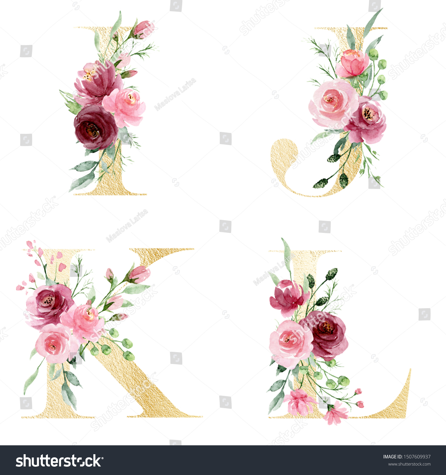 Gold Alphabet Set Letters Watercolor Flowers: Ilustrações Stock 1507609937