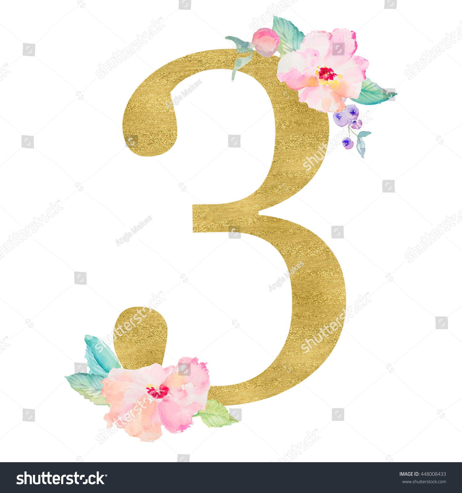 Gold Number 3 Cute Number Three Stock Illustration 448008433