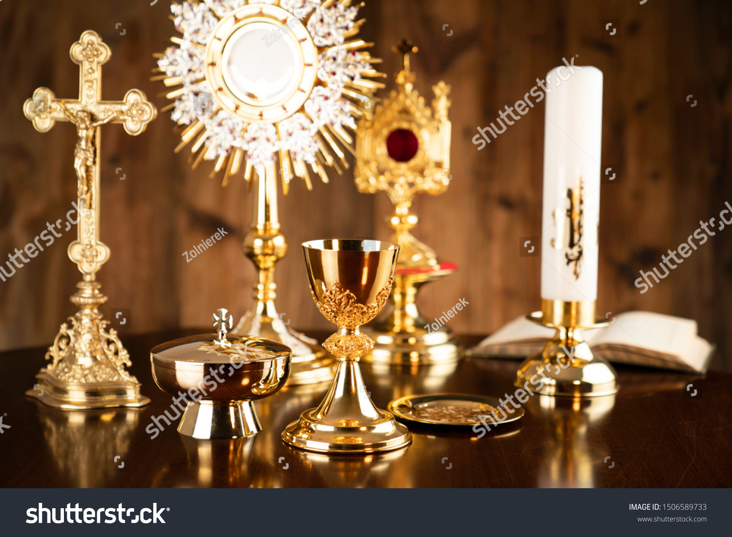 Golden Christianity Symbols Composition Cross Monstrance Stock Photo ...