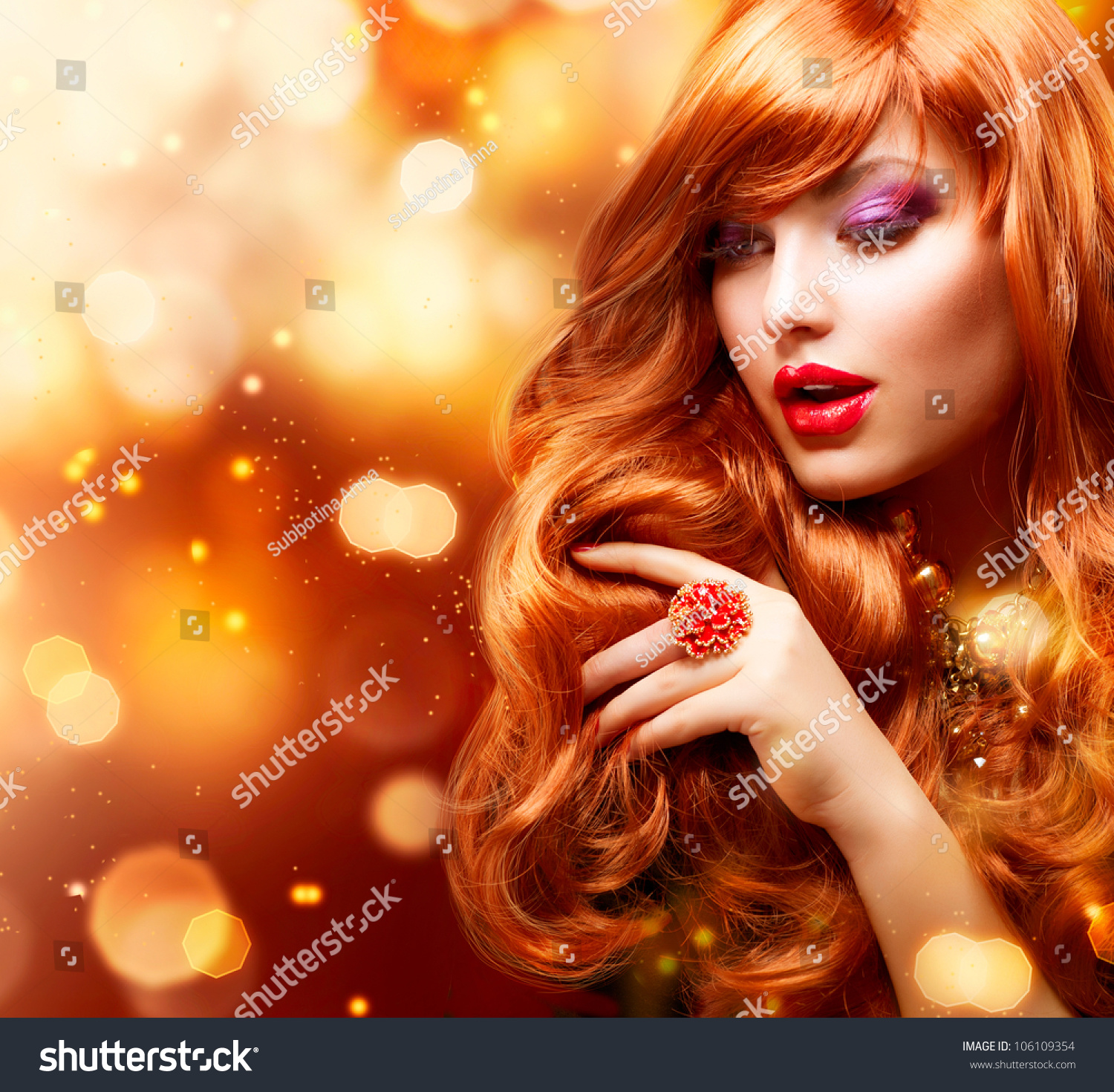 Golden Fashion Girl Portrait.Wavy Red Hair. Gold Blinking Background ...