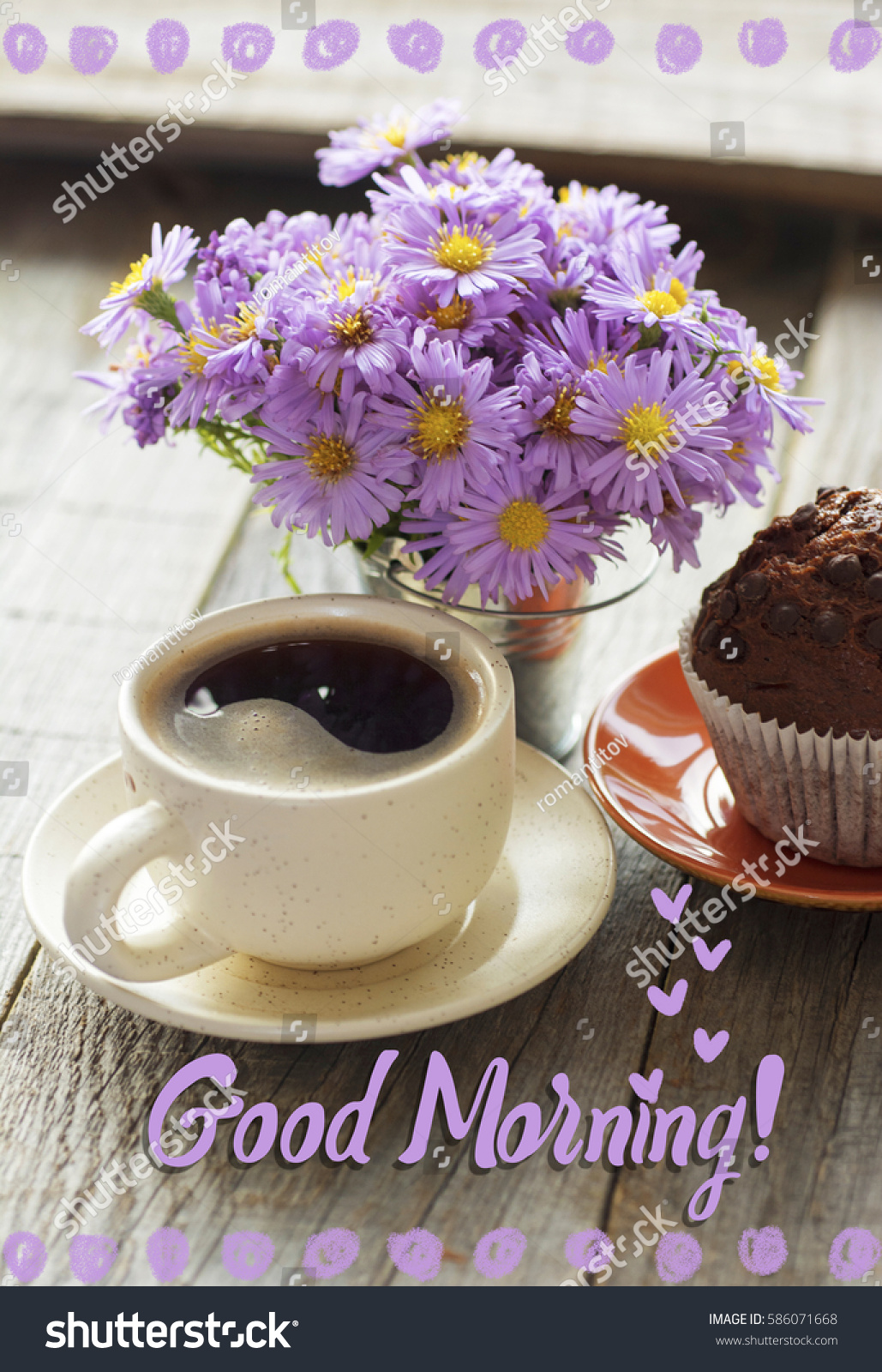 Good Morning Card Coffee Mug Bouquet Royalty Free Stock Image