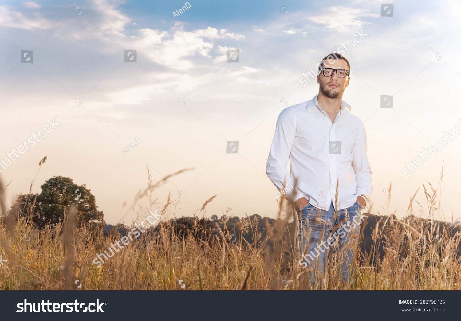 Gorgeous Young Man  Standing  Grass Wearing Stockfoto 