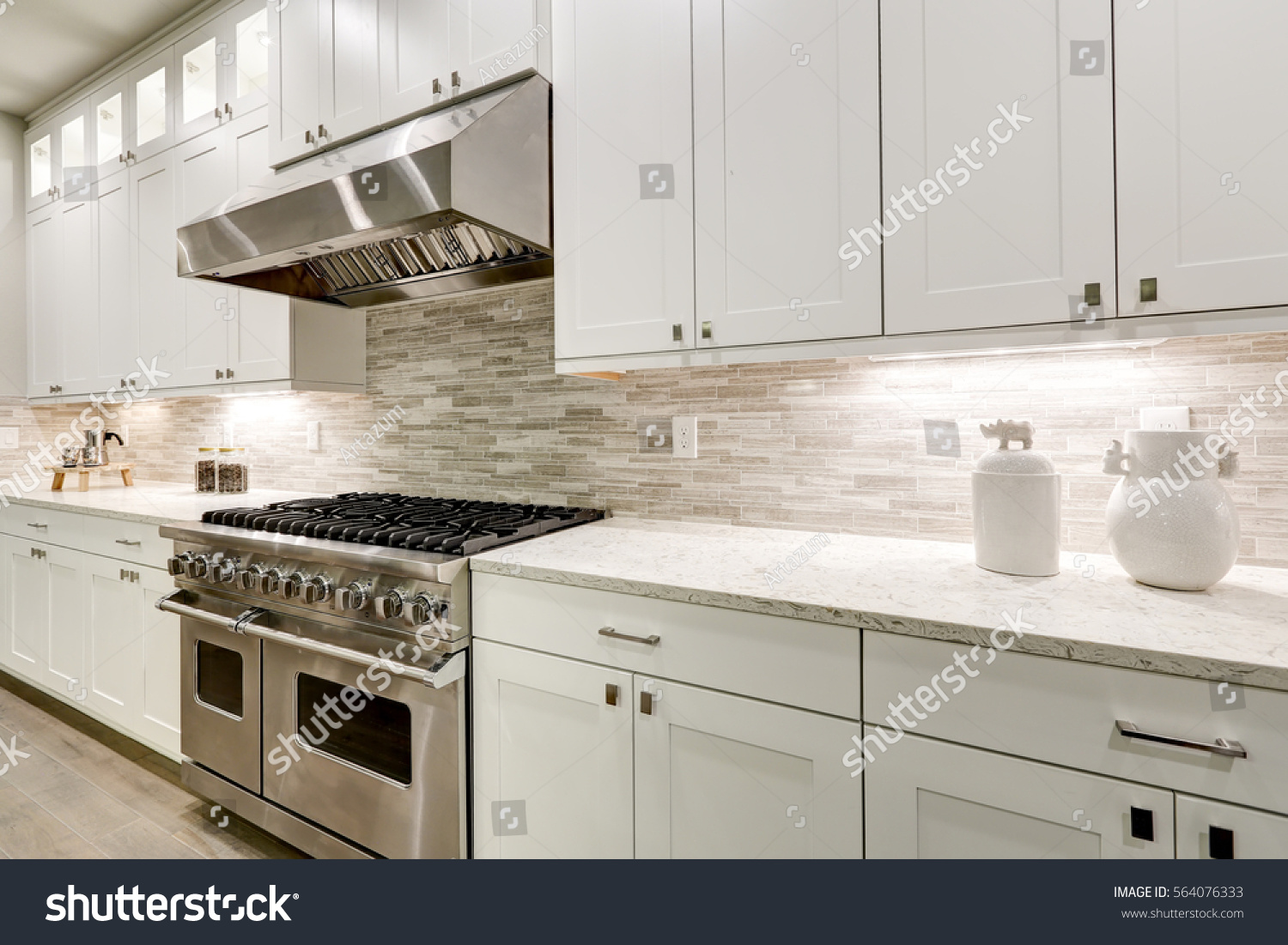 Gourmet Kitchen Features White Shaker Cabinets Stock Photo