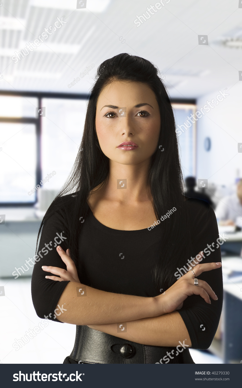 Graceful Asian Girl Office Worker In Black Dress With Dark Hair Stock ...