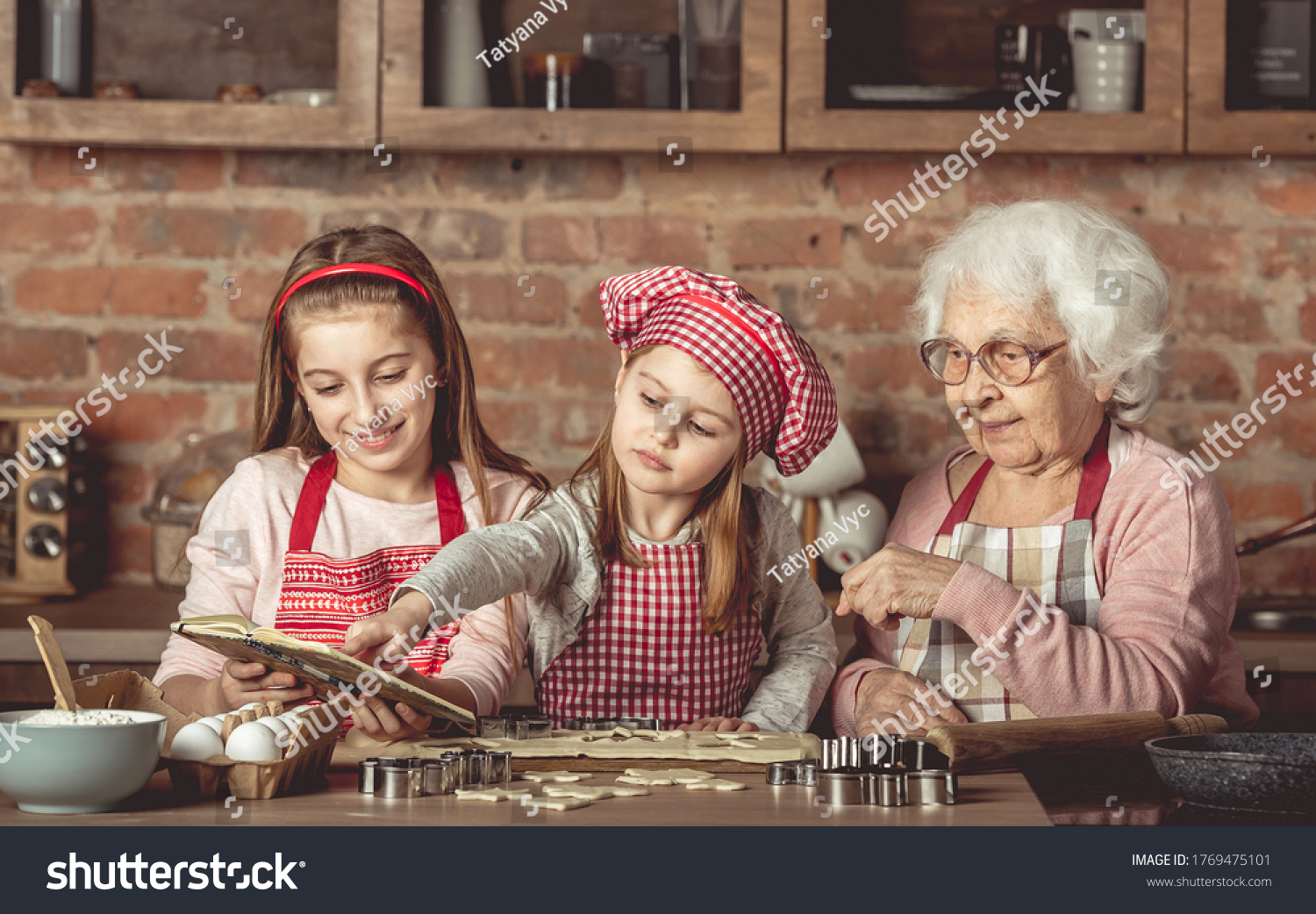 Grandma Granddaughters Spreading Dough Using Rolling Stock Photo (Edit ...